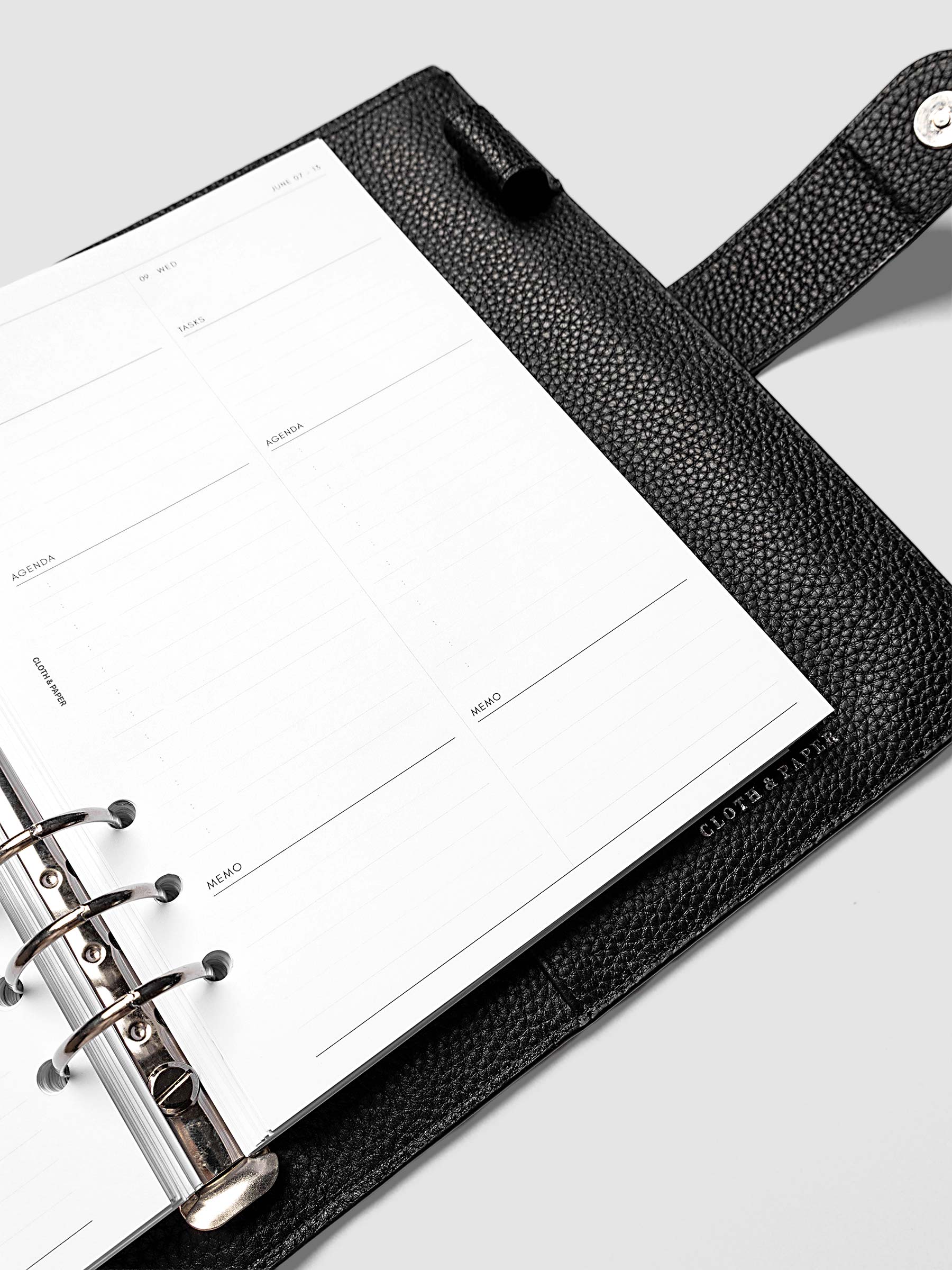 Detail view of the right page layout for the 2027 Dated Daily Inserts | Monday start in a black ringbound planner