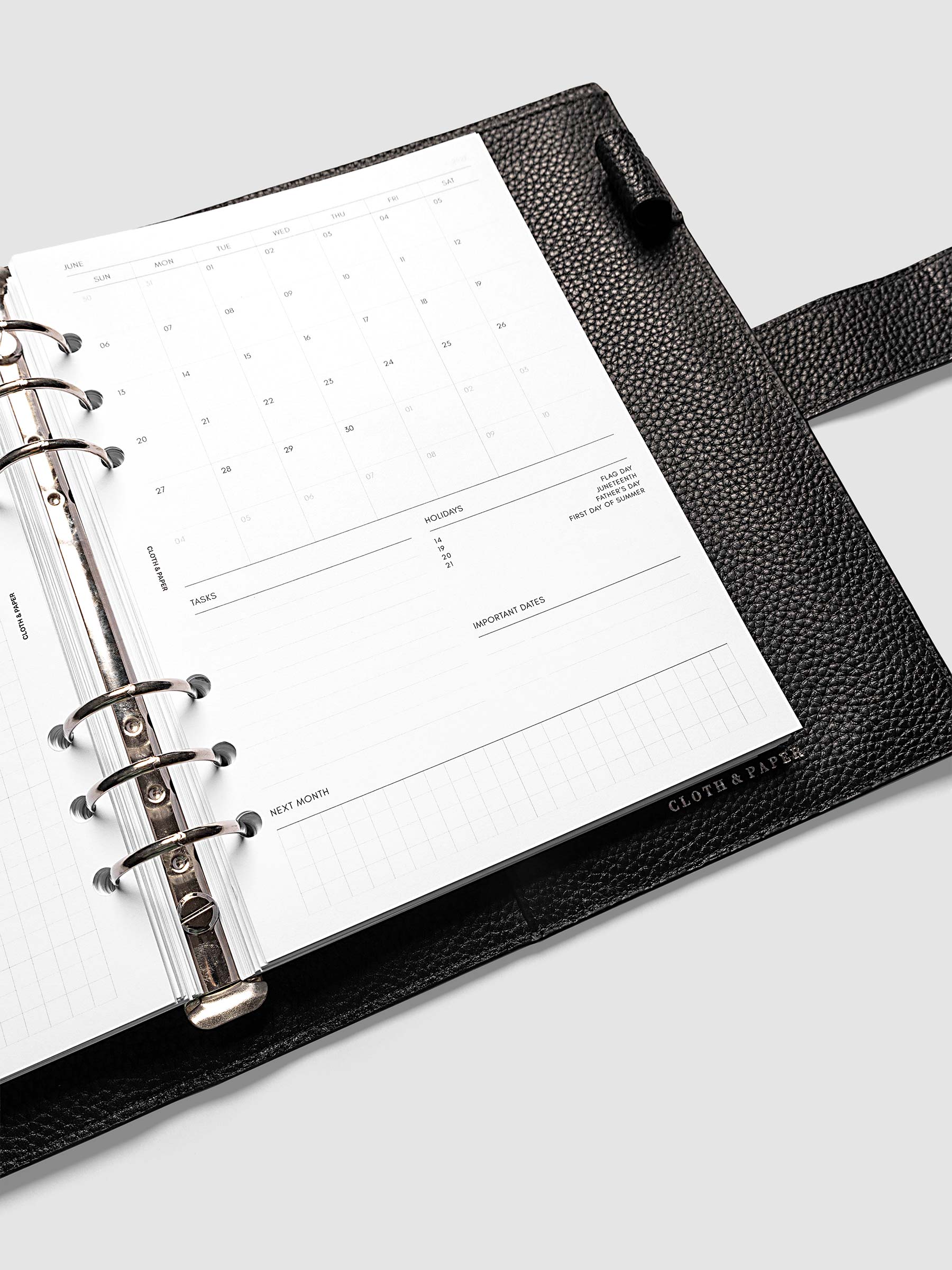 Close-up of the monthly admin right page in the 2027 Dated Monthly Admin Inserts, A5 6-Ring Punch 6-ring size, showing the Sunday start calendar, task section, holiday reference, important dates, and next month preview.