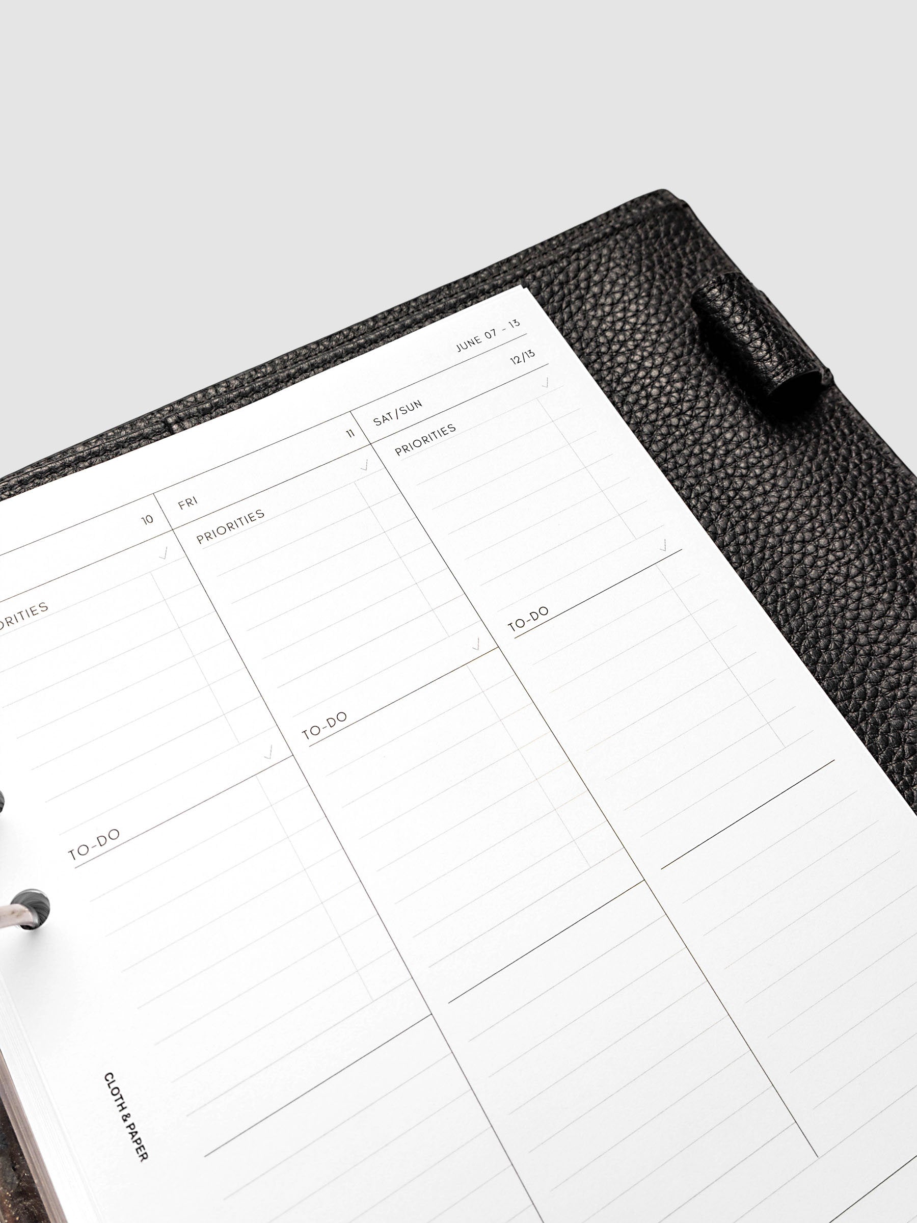 2027 Dated Weekly Task Planner Inserts, Monday Start, A5 6-Ring Punch, close-up of the top of the right page showing labeled priorities and to-do sections including the combined Saturday and Sunday column