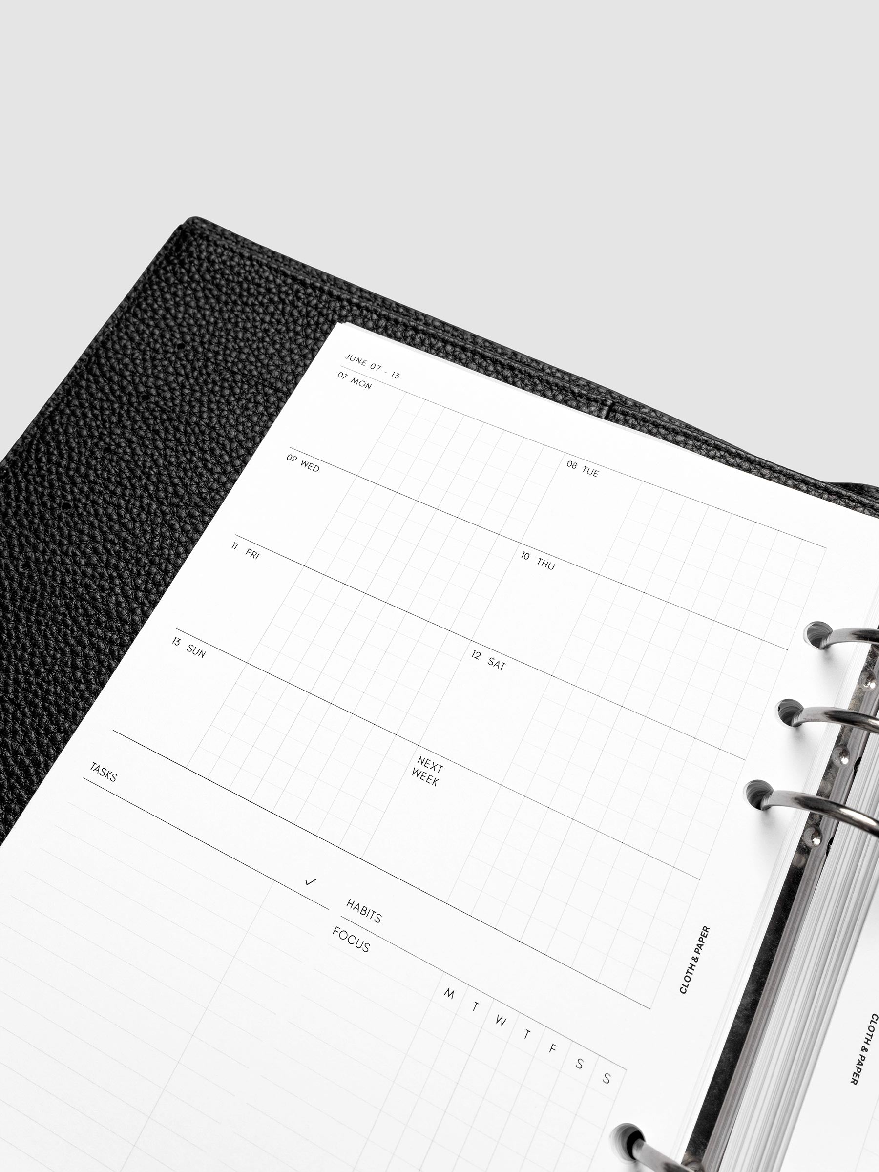 Close-up of the 2027 Dated Weekly Admin left page in A5 6-Ring Punch size, showing the weekly overview and task sections