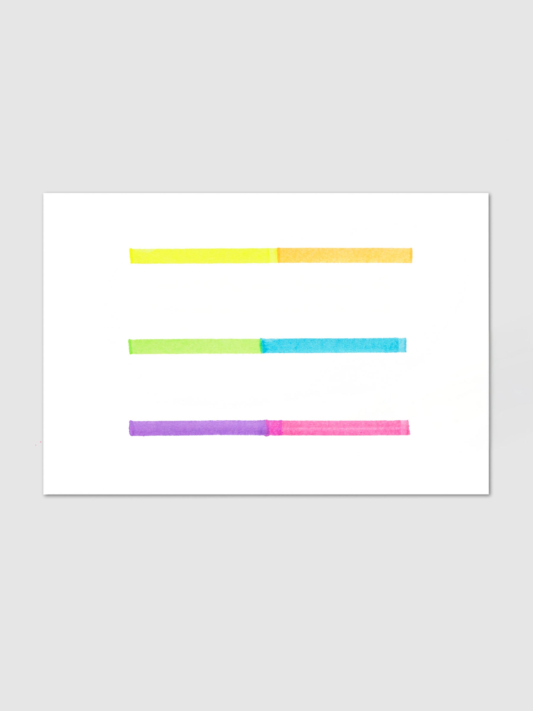 Tom's Studio Ori Refillable Highlighter ink swatches on white paper showing three horizontal strokes yellow to orange green to blue and purple to pink