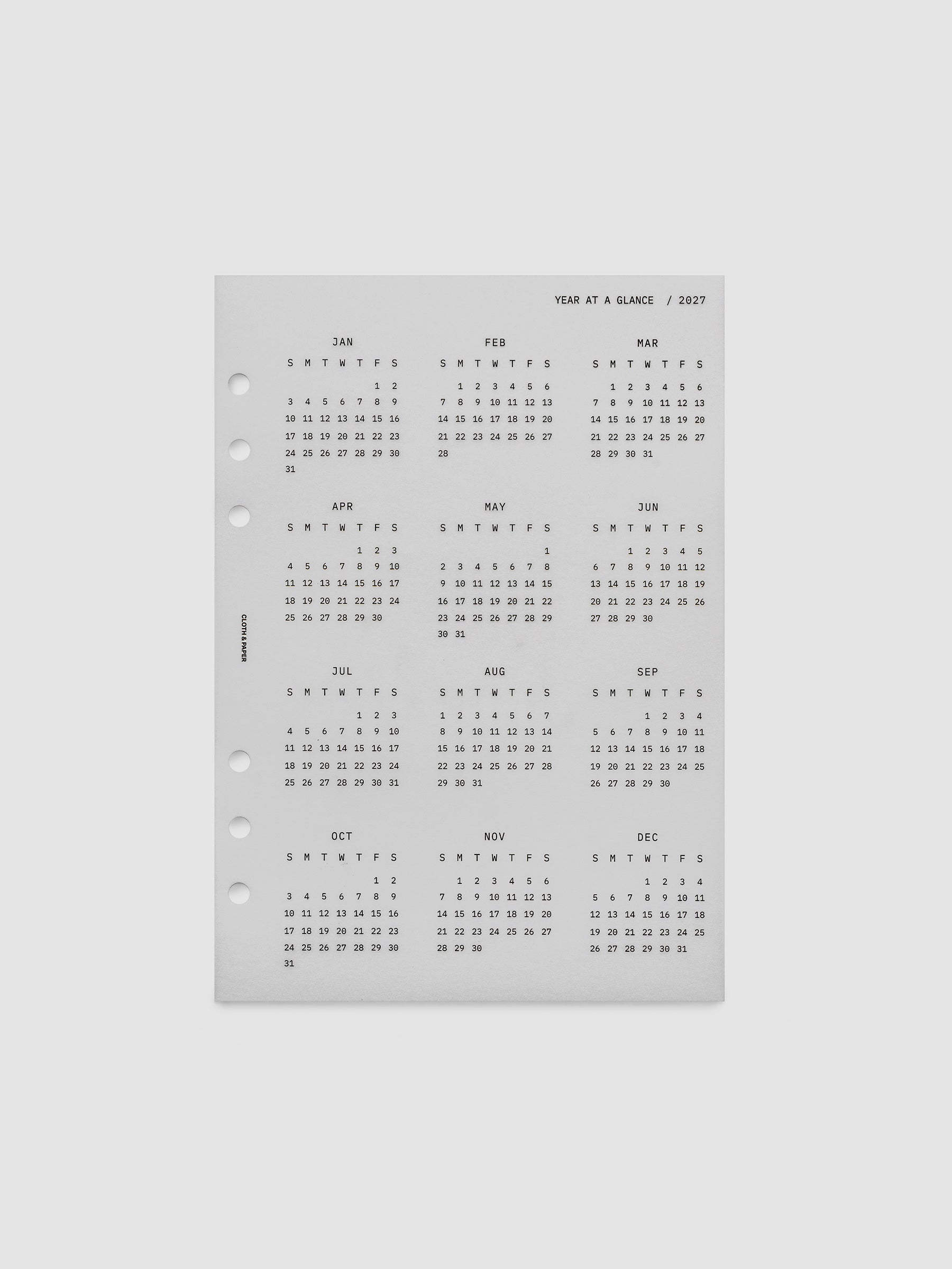 2027 Year At A Glance Dashboard Sunday Start, A5 6-Ring Punch, translucent vellum dashboard shown on its own