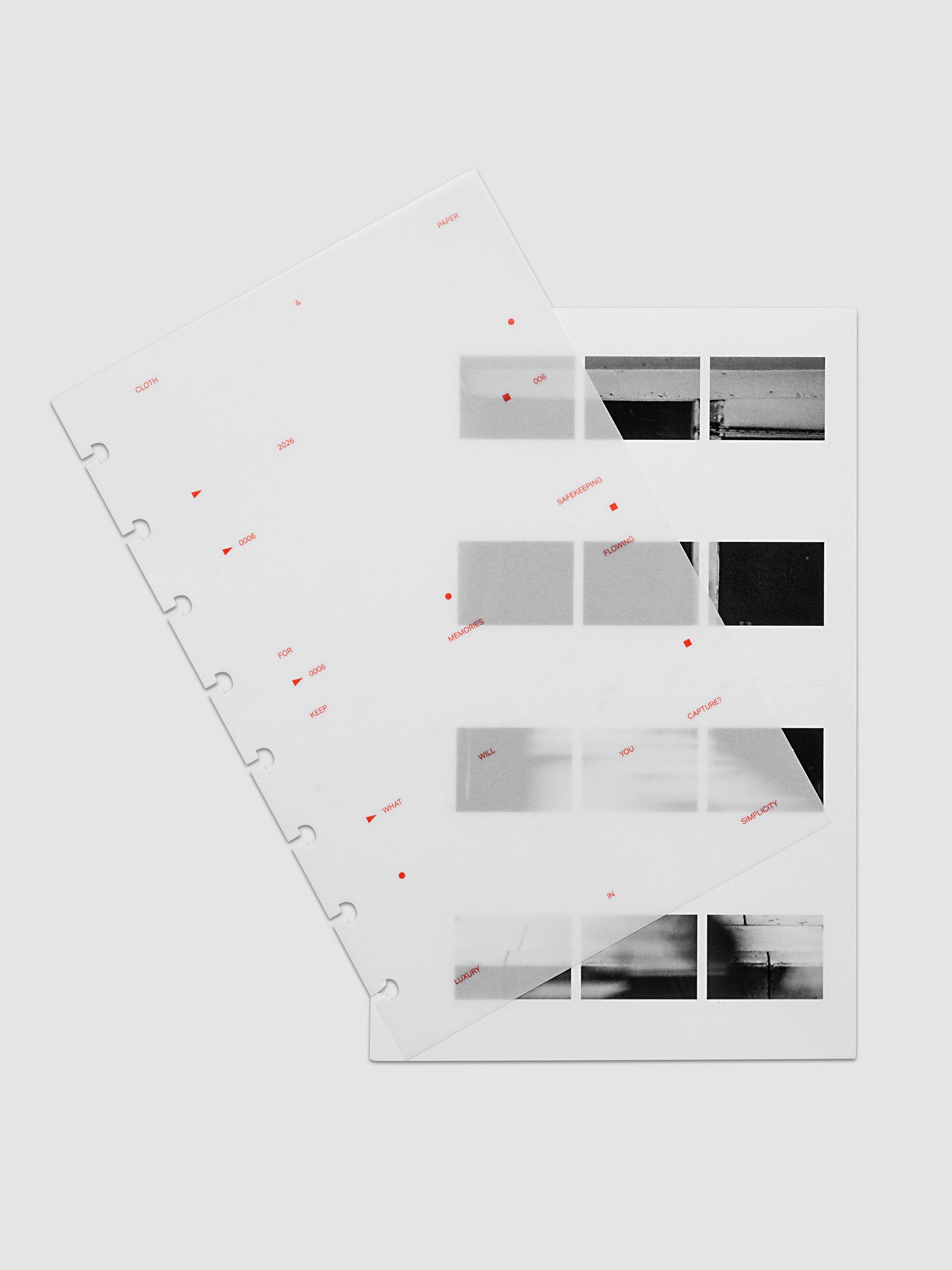 Film Strip Planner Dashboard Duo Half Letter 8-Disc Punch 6-Ring Punch two dashboards offset showing layered vellum and film strip plastic with deep orange printed details