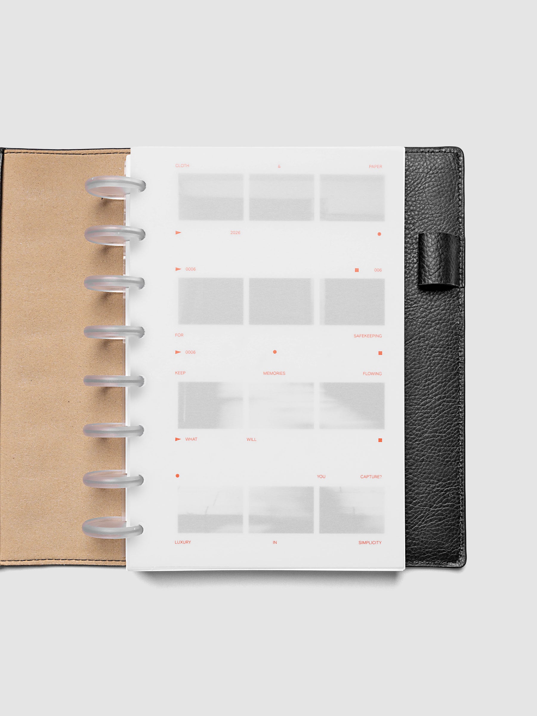 Film Strip Planner Dashboard Duo Half Letter 8-Disc Punch 6-Ring Punch both dashboards layered inside a planner showing film strip design and semi-transparent vellum overlay