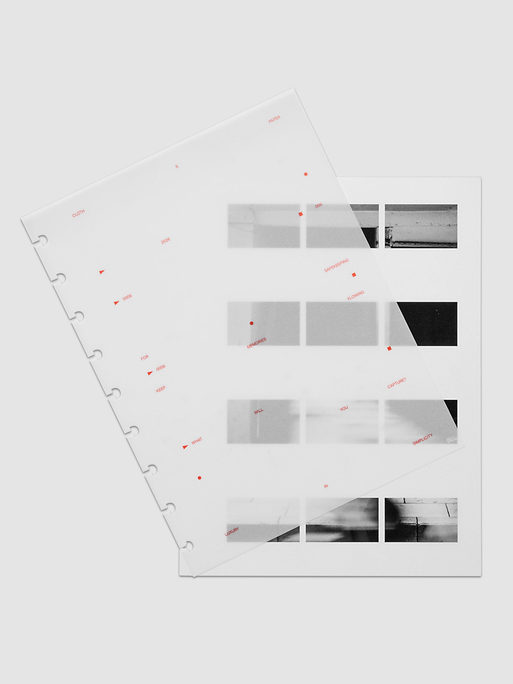 Film Strip Planner Dashboard Duo HP Classic 9-Disc Punch 6-Ring Punch two dashboards offset showing layered vellum and film strip plastic with deep orange printed details