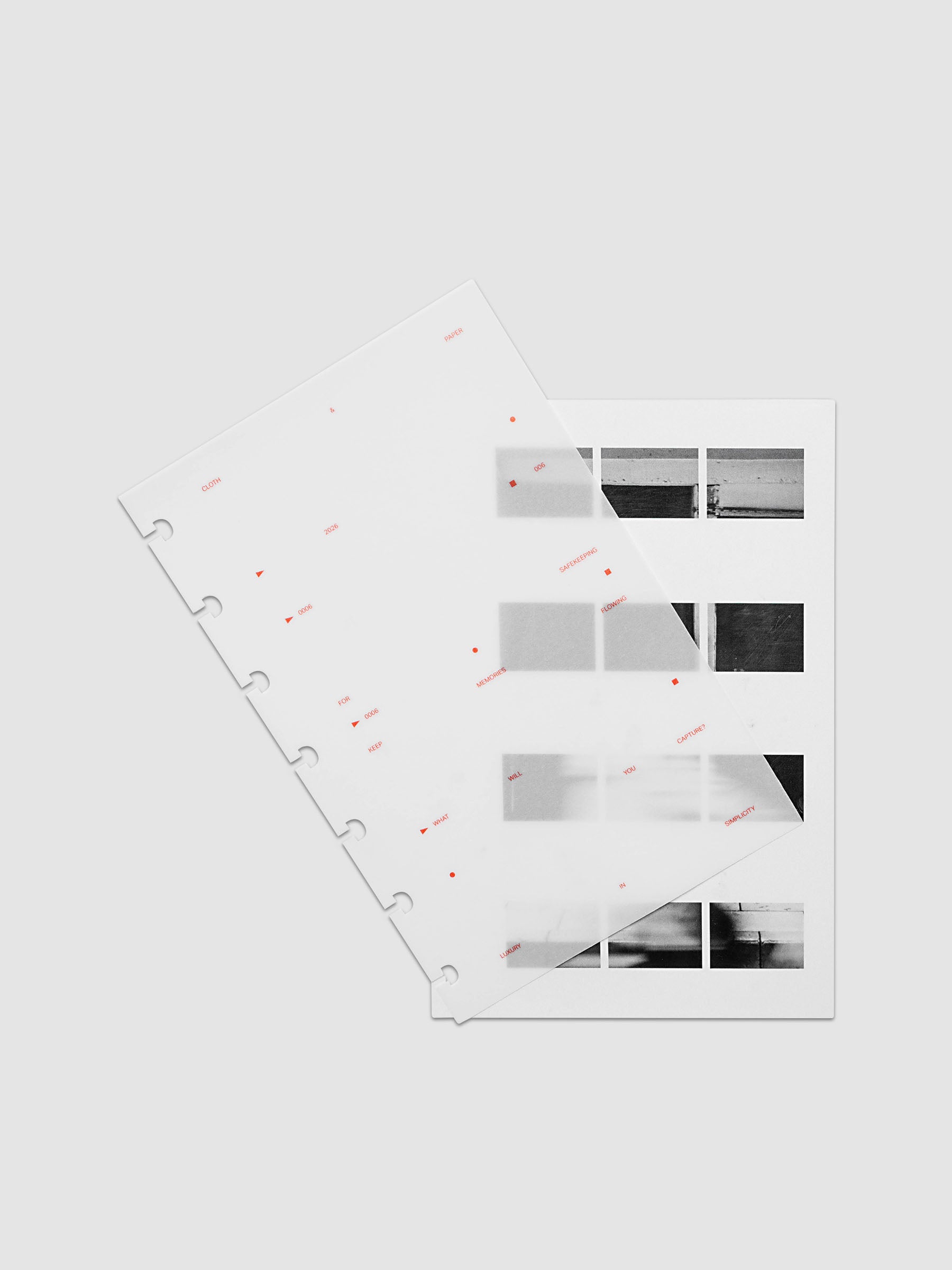Film Strip Planner Dashboard Duo HP Mini 7-Disc Punch 6-Ring Punch two dashboards offset showing layered vellum and film strip plastic with deep orange printed details