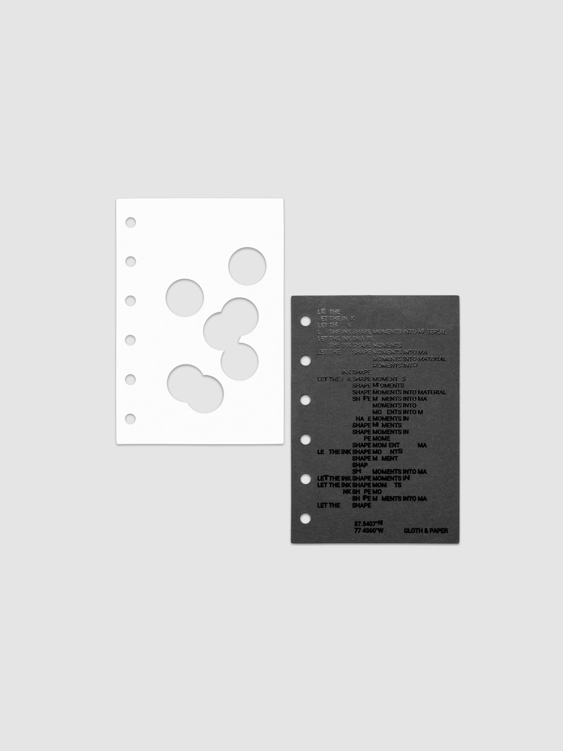 Black and white Ink Blot Planner Dashboard Duo shown with layers side by side in size Pocket, pre-punched for 6-ring planners.