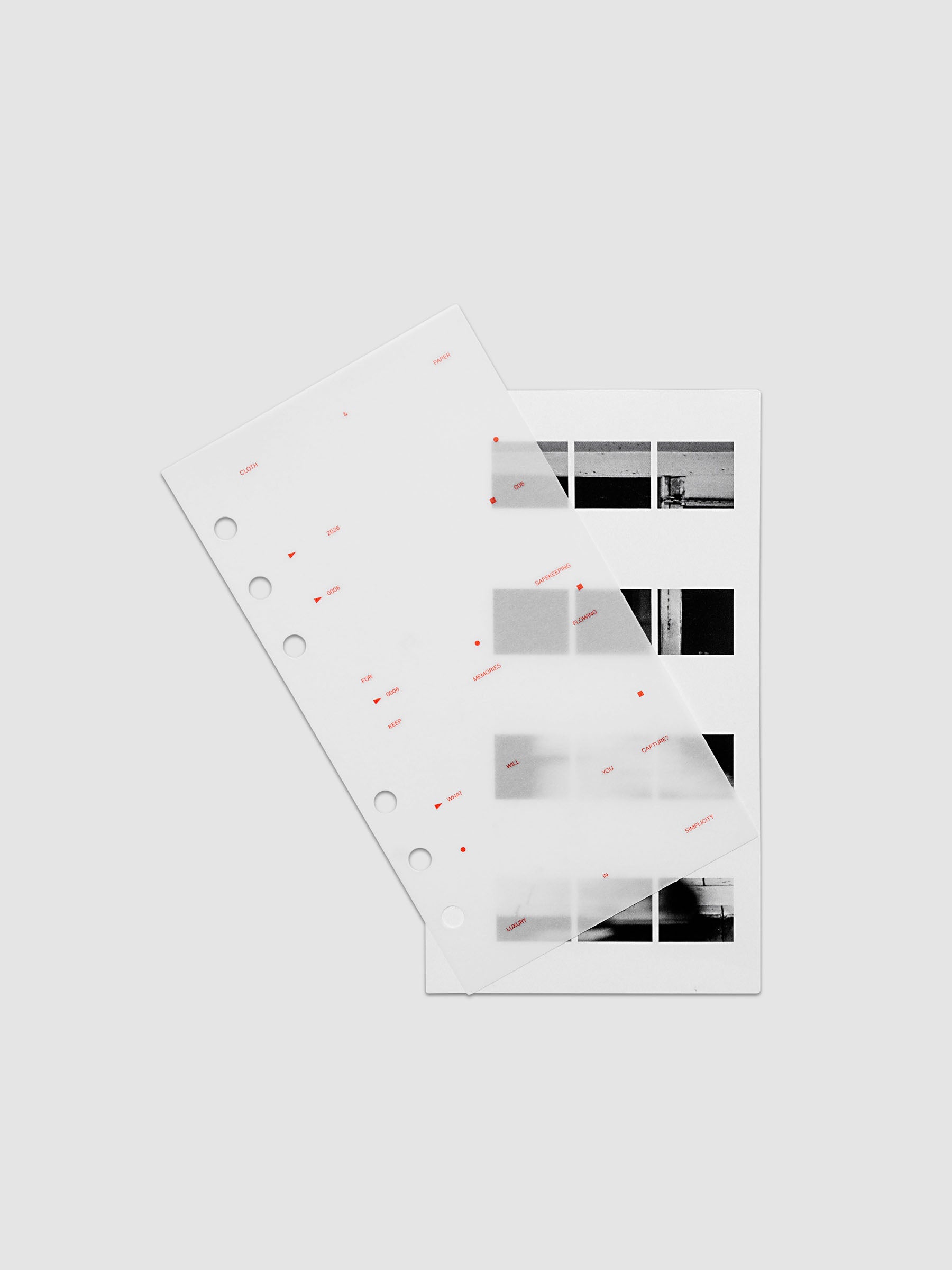 Film Strip Planner Dashboard Duo Personal 6-Ring Punch two dashboards offset showing layered vellum and film strip plastic with deep orange printed details