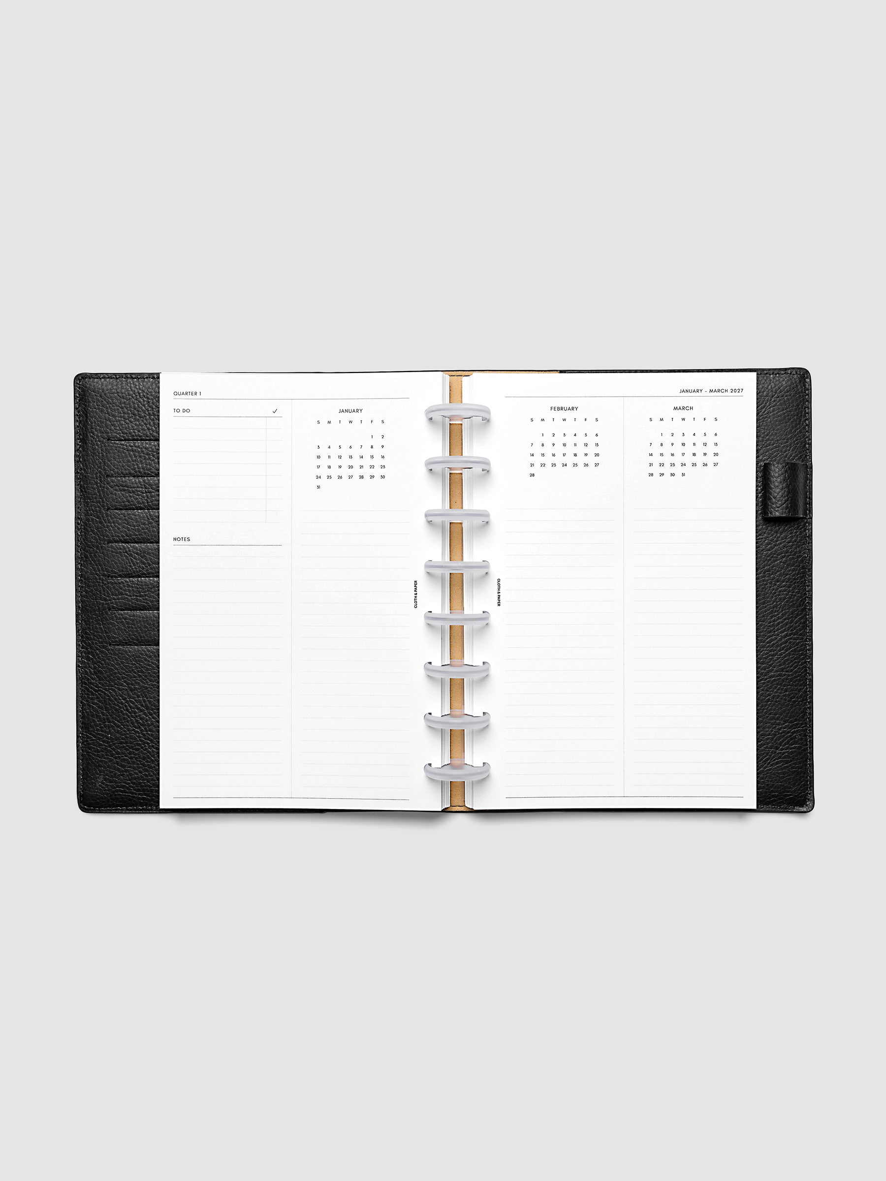 2027 Dated Yearly Overview Planner Inserts Sunday Start, Half Letter 8-Disc Punch, full quarterly spread showing goal-setting, to-do, and notes sections on the left page alongside three monthly calendar views with notes sections on the right page, shown inside a planner