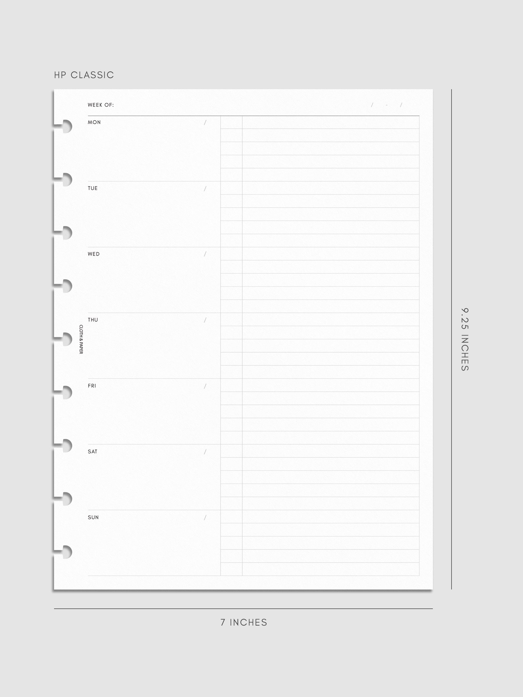 Weekly Checklist Inserts shown pre-punched for discbound planners in size HP Classic.