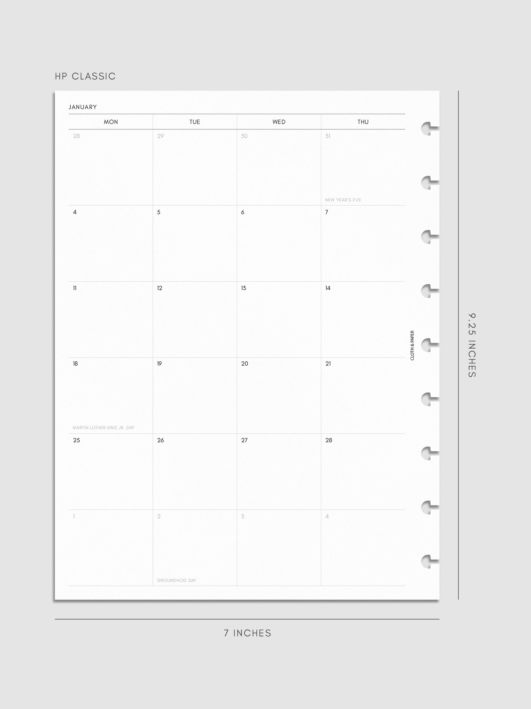 2027 Dated Monthly Planner Inserts, Monday Start, HP Classic 9-Disc Punch, left page of two-page monthly calendar spread with Monday start shown inside a planner