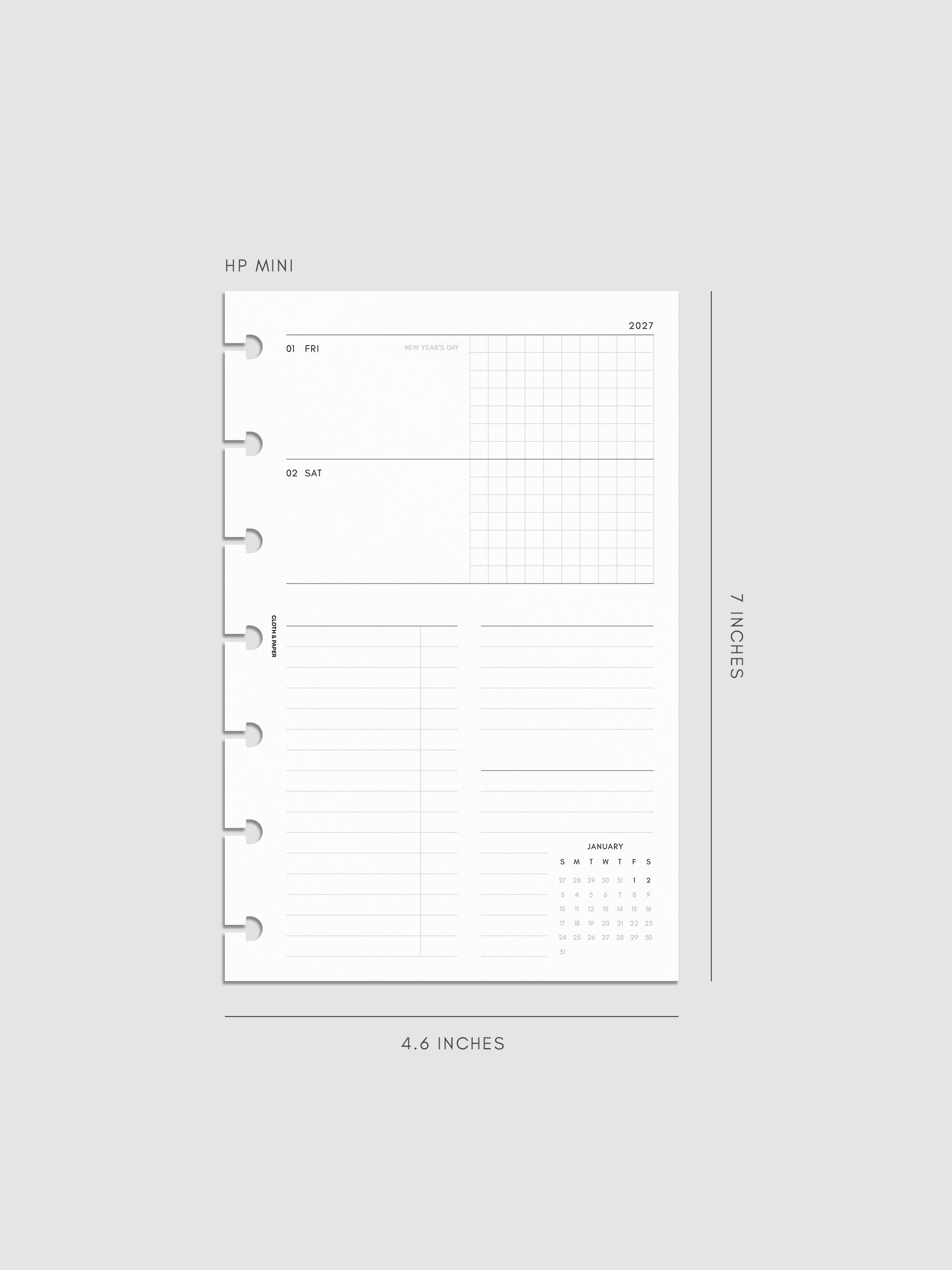 Mockup of the 2027 Dated Weekly Horizontal Planner Inserts | Sunday Start right page shown in size HP Mini 7-Disc Punch