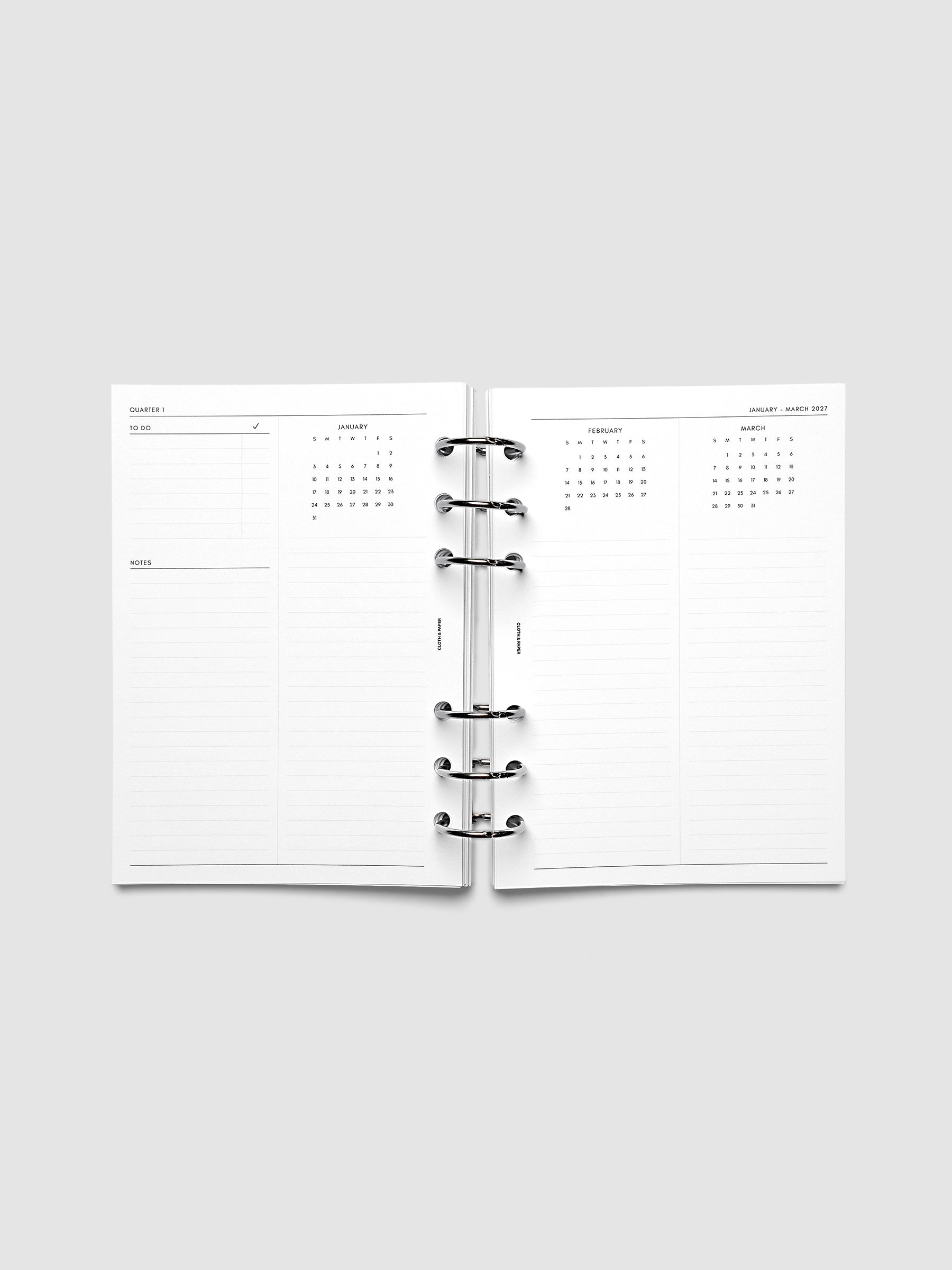 2027 Dated Yearly Overview Planner Inserts Sunday Start, Personal Wide 6-Ring Punch, full quarterly spread showing goal-setting, to-do, and notes sections on the left page alongside three monthly calendar views with notes sections on the right page, shown inside a planner