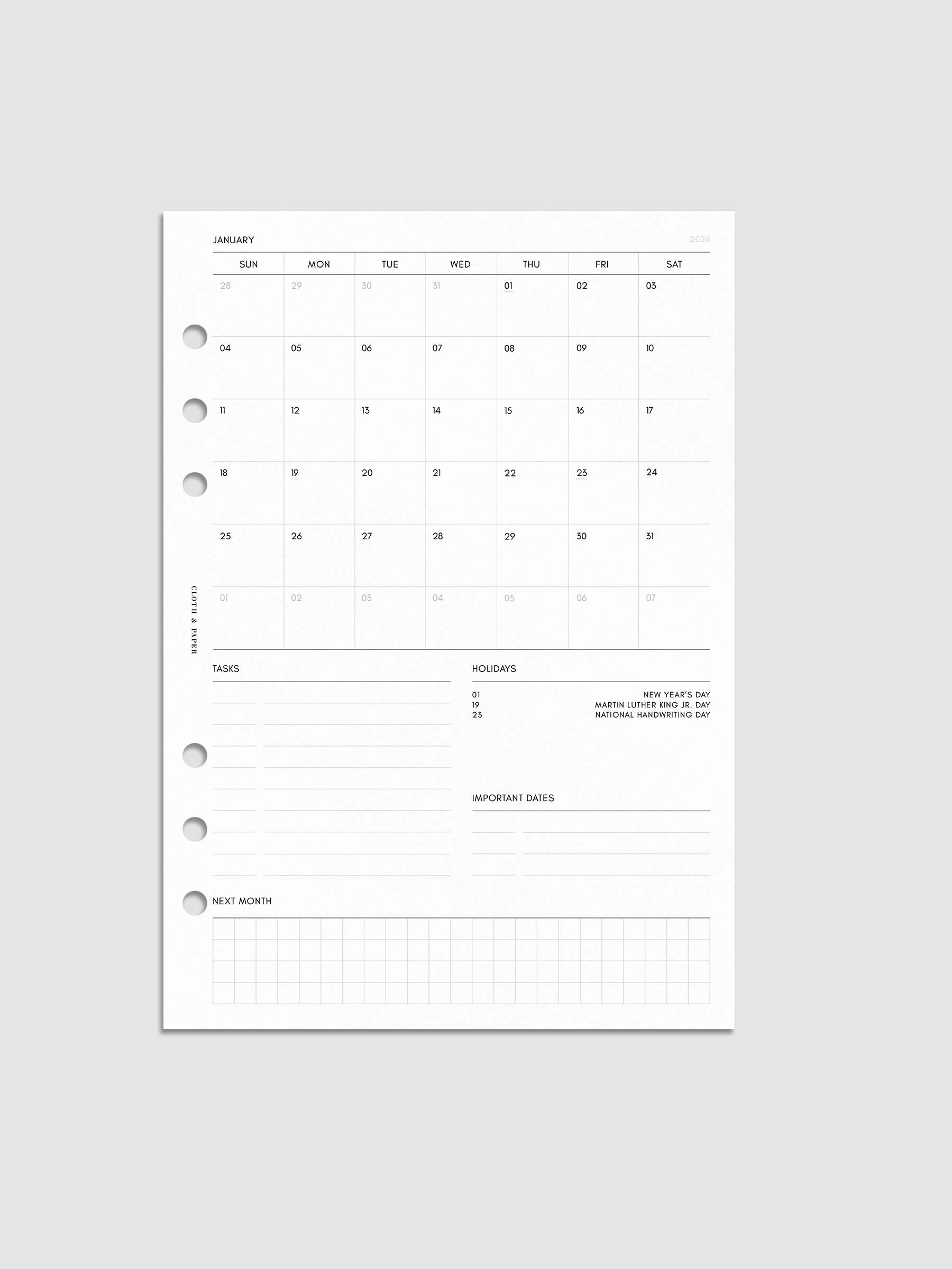 Digital mock-up of the monthly spread in A5.