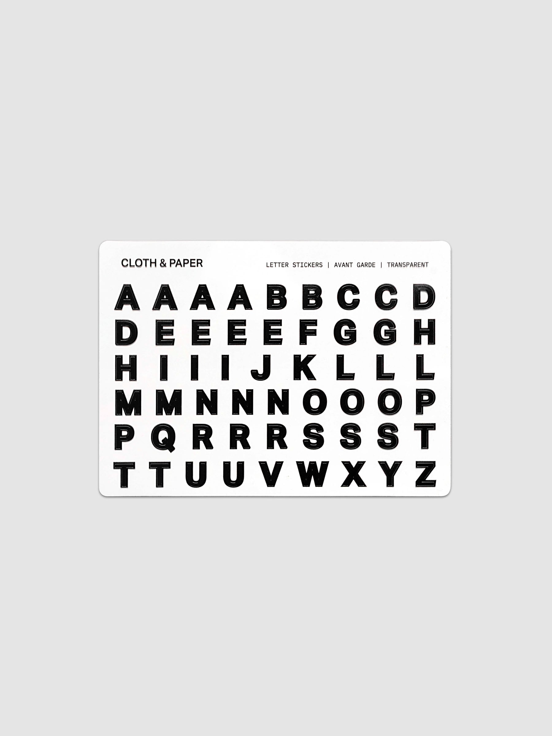 Letter Stickers Transparent, single sheet showing full A–Z alphabet in bold black letters on a clear backing