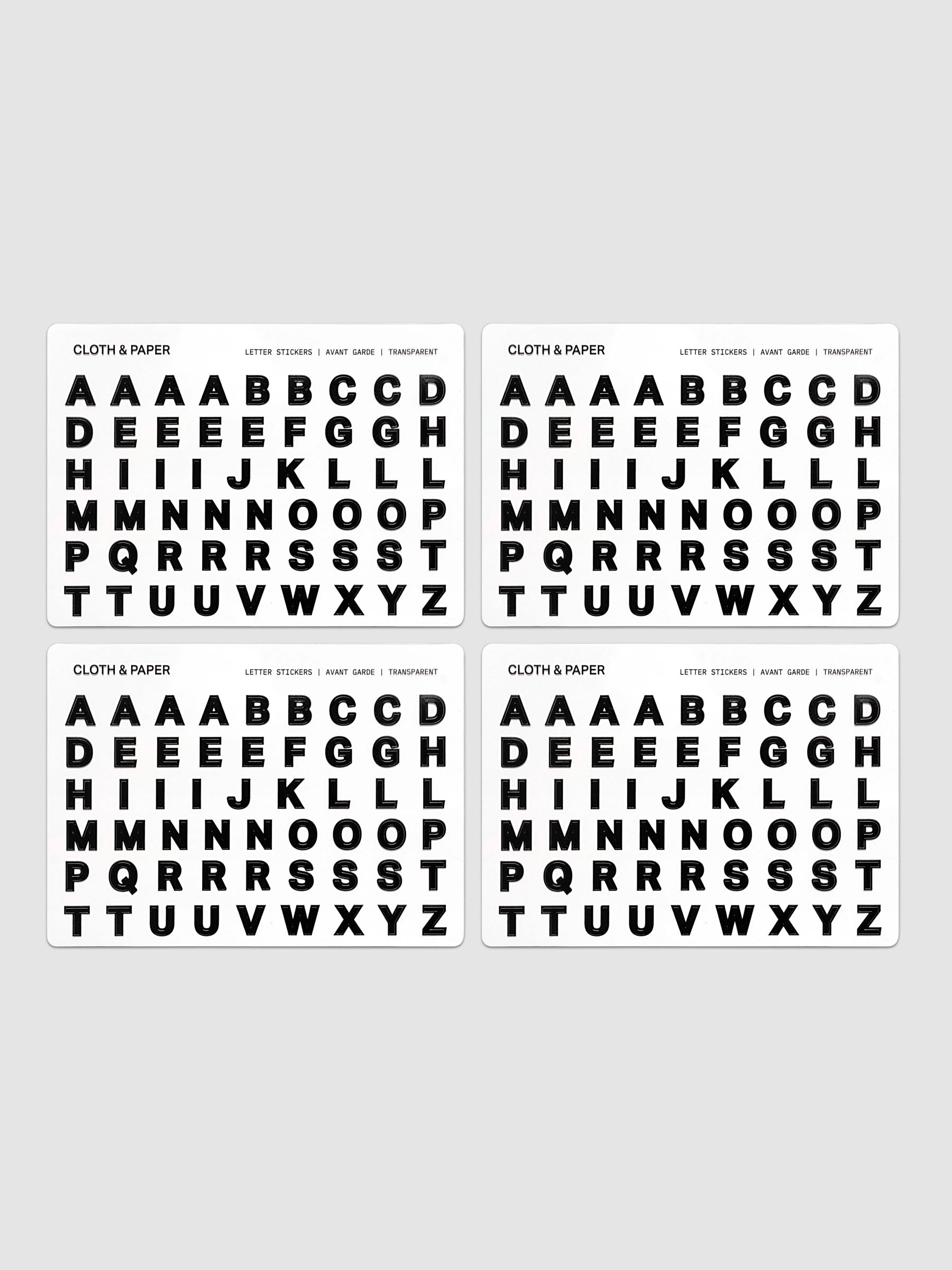 Letter Stickers Transparent, four-sheet set fanned out showing full A–Z alphabet in bold black letters on clear backing