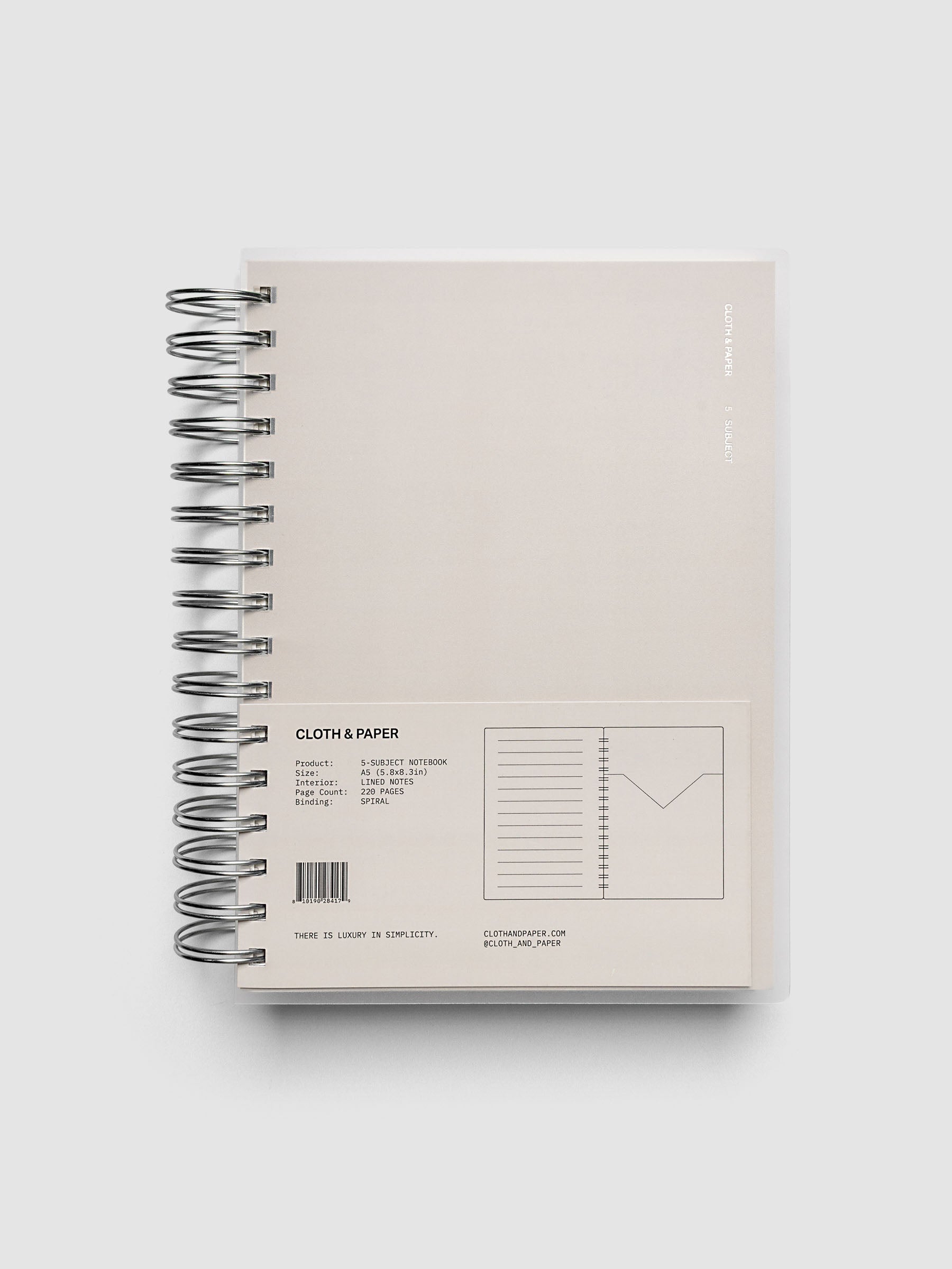 5 Subject Notebook A5 Punch back cover with concrete grey product label and spec details