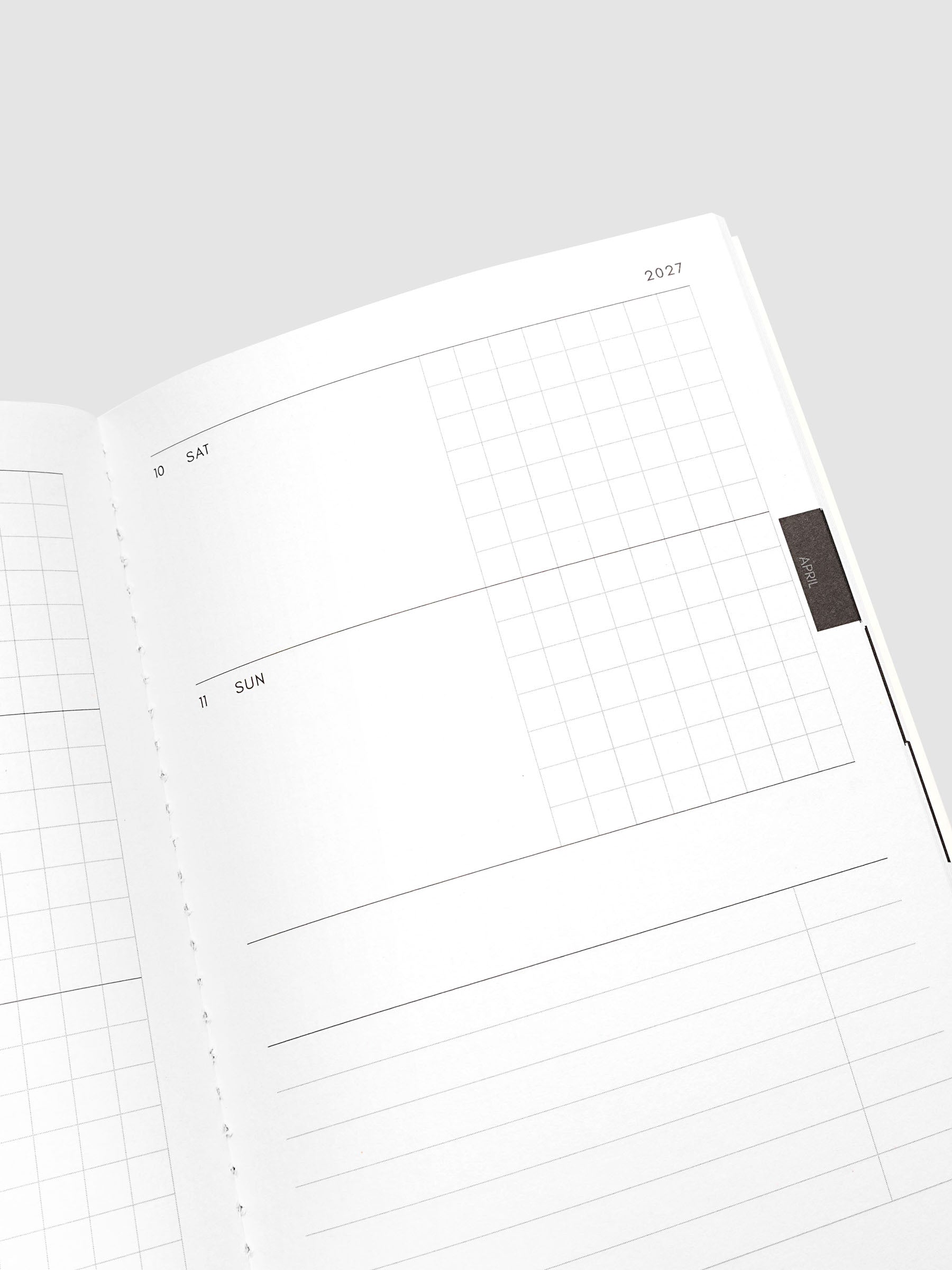 Close-up of the top of the right page of the Jan–Jun 2027 Dated Travel Notebook, showing the weekend dates and task section