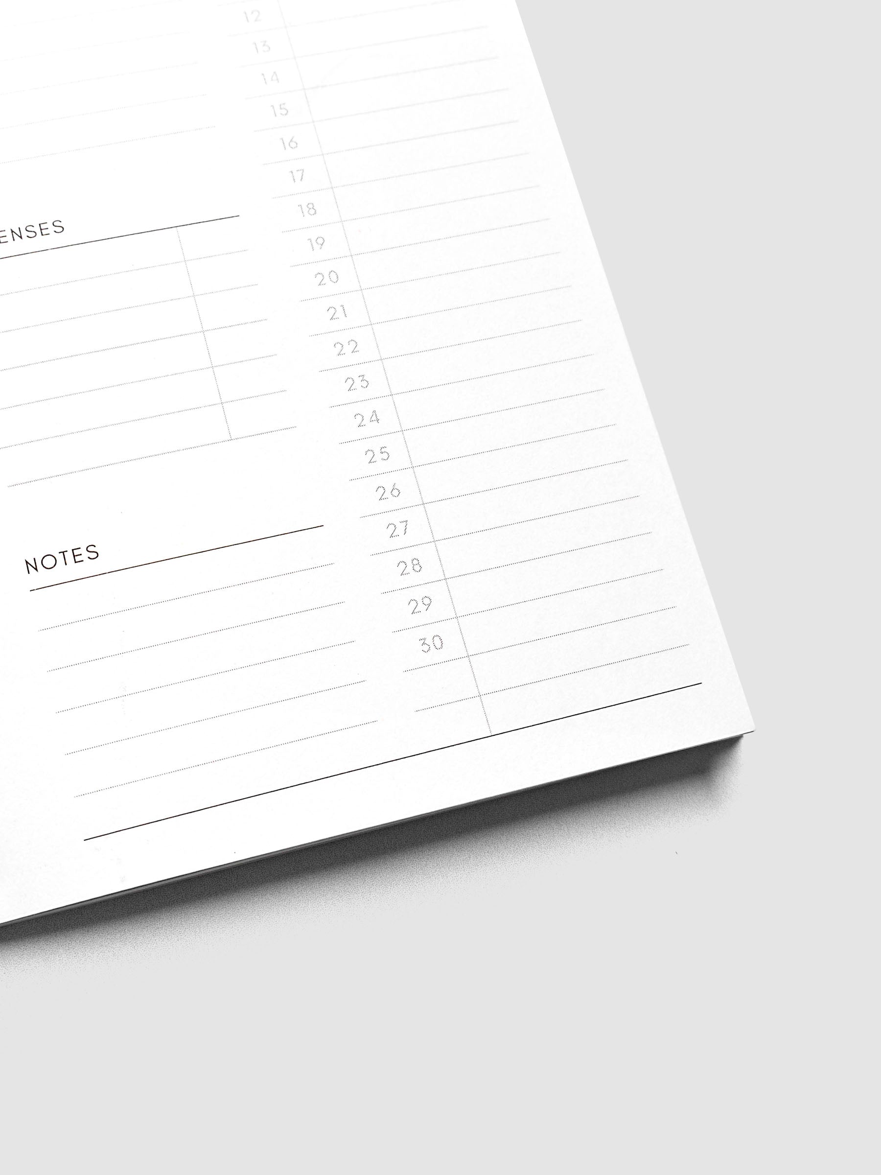 Close-up of the bottom of the right page of the 2027 Dated Travel Notebook Monthly in Pocket Plus size, showing the lower days, expenses, and notes sections