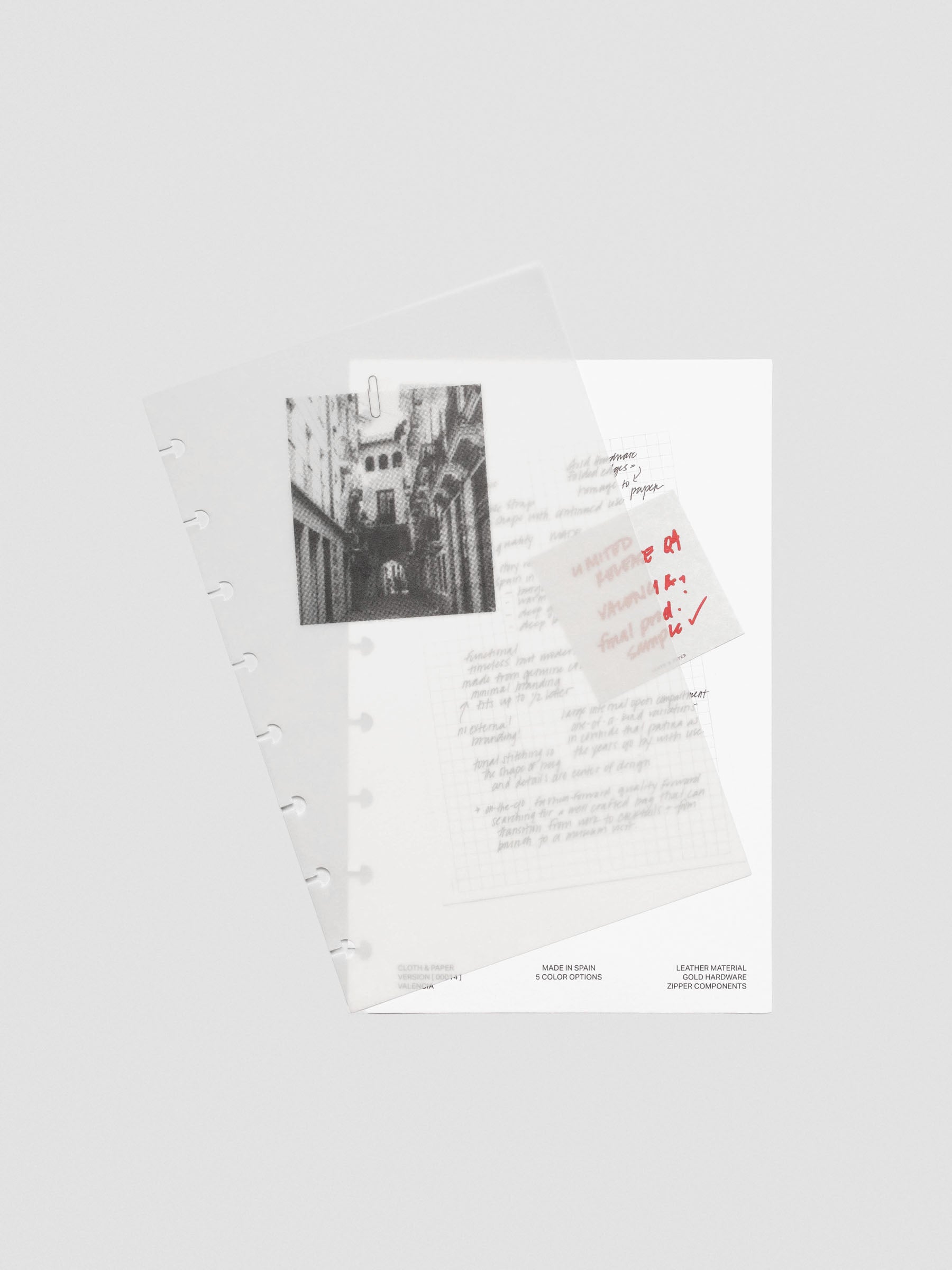 Translucent vellum overlay page from the half-letter Behind the Scenes Dashboard Duo insert, featuring a printed black-and-white photograph of a European street attached over handwritten notes.