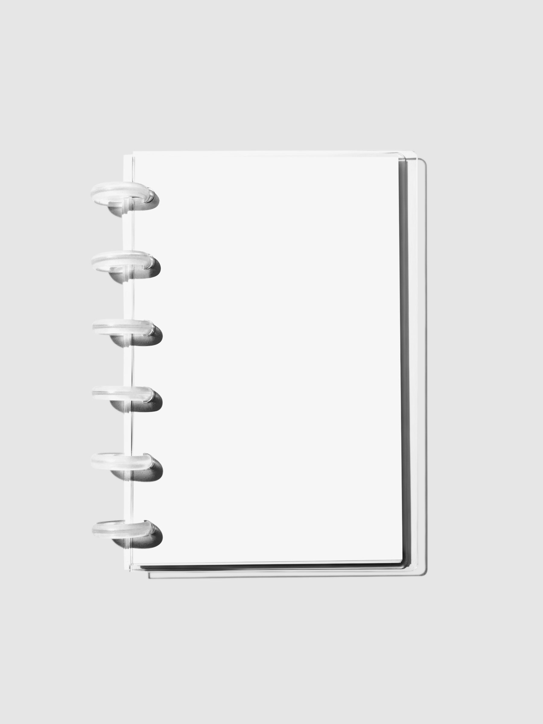 Crystal Clear Discbound Notebook Cover in use with clear rings.
