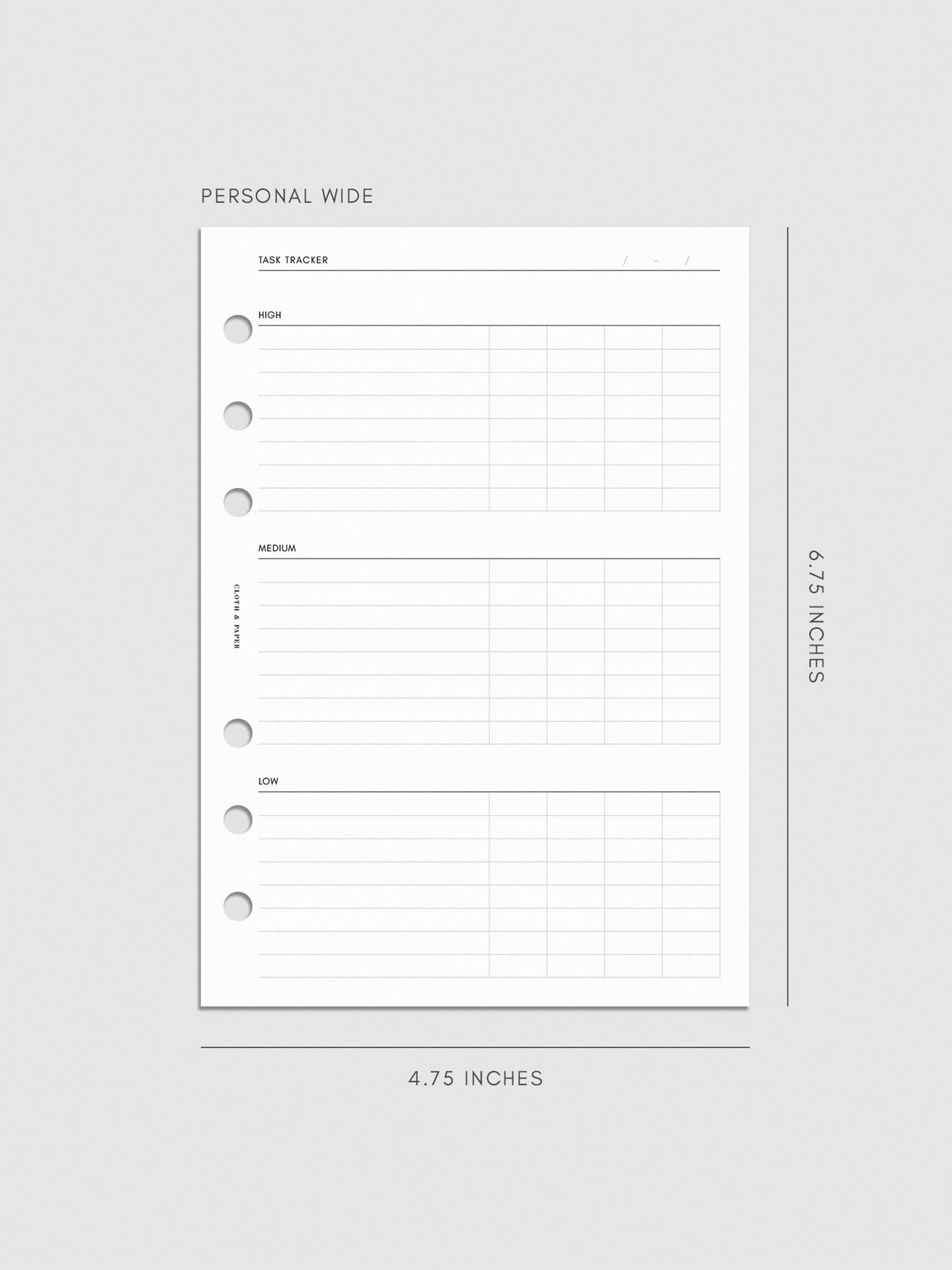 Digital mockup of the Kanban Task Tracker Planner Inserts showing sections for high, medium, and low priority tasks. Size shown is Personal Wide.
