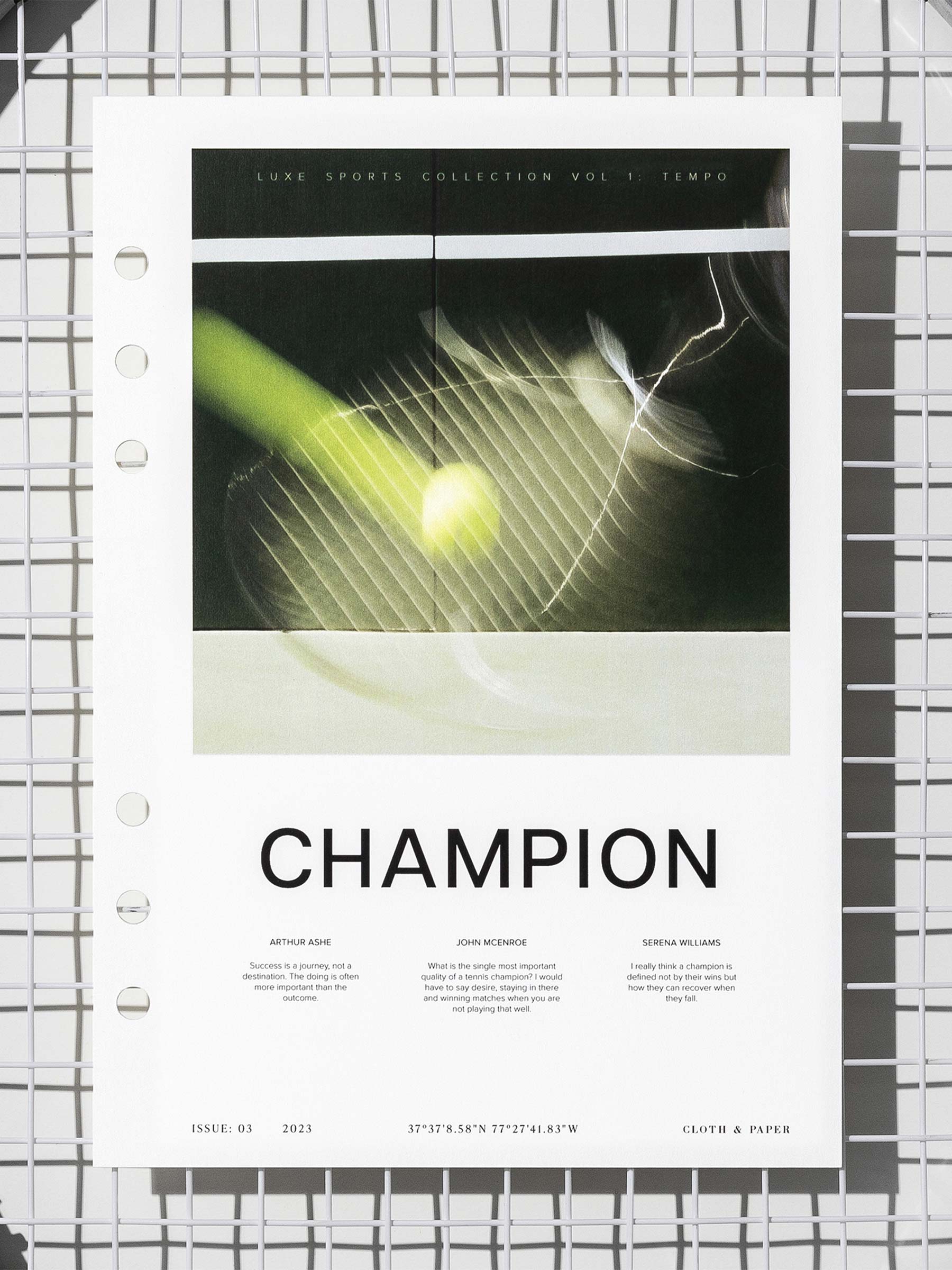 Champion  dashboard displayed on a tennis racket's netting. Size shown is  A5. 