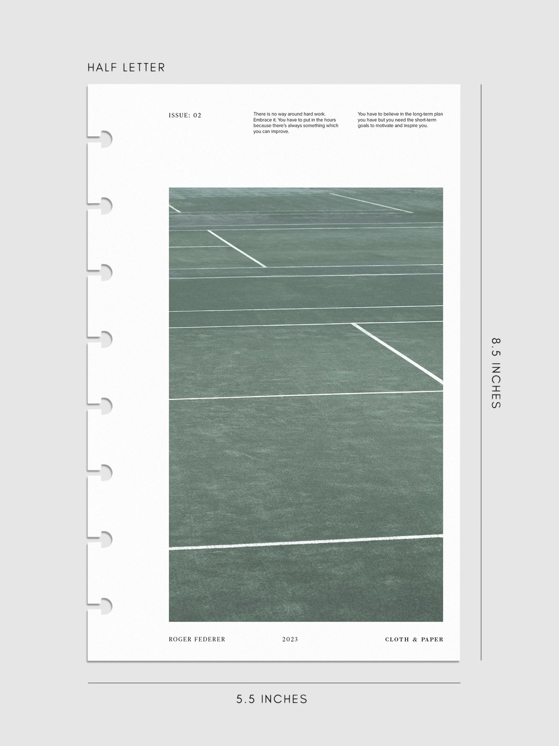 Digital mockup of Full Court dashboard in Half Letter. 