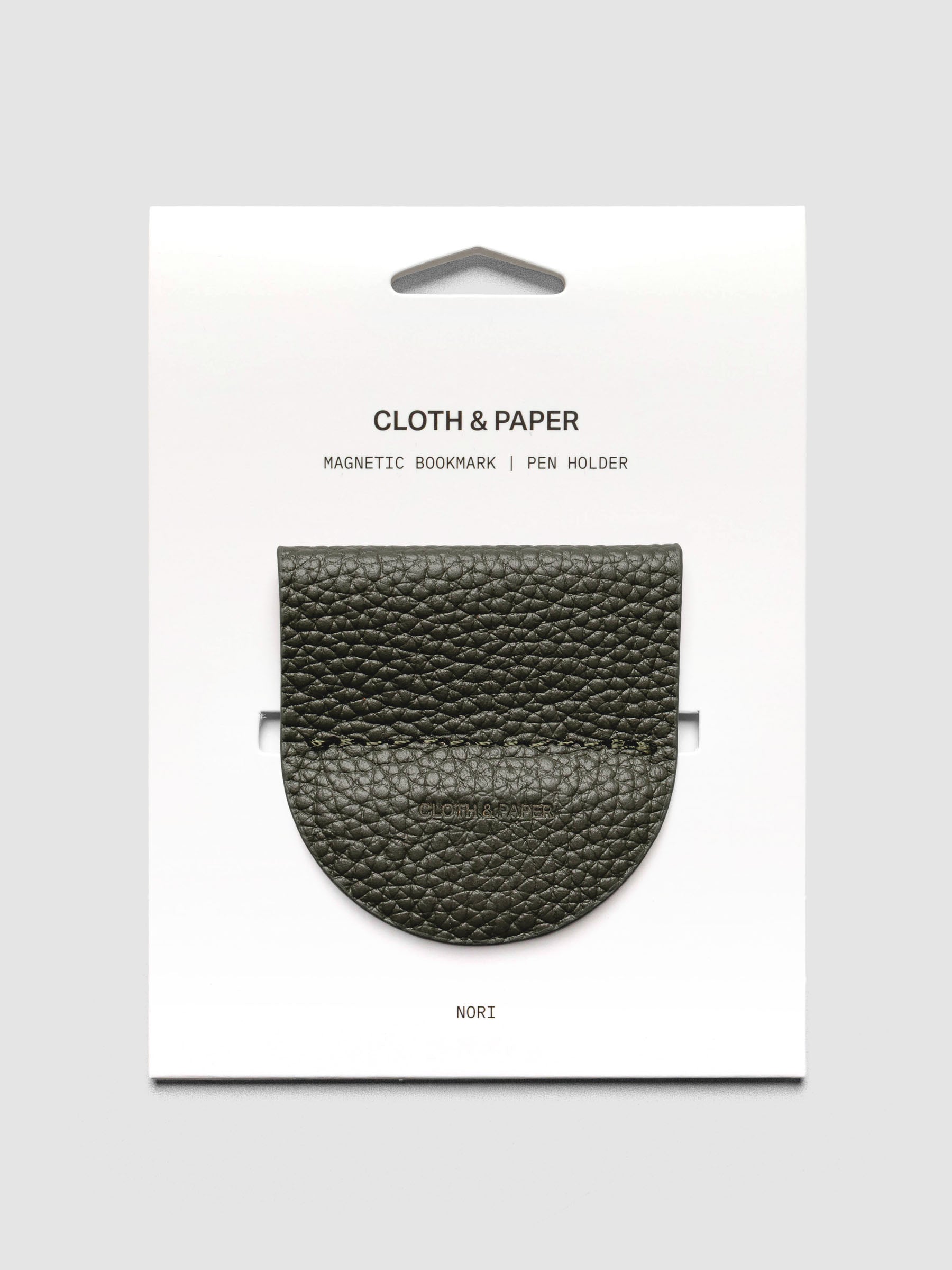Magnetic Bookmark | Pen Holder in Nori, a dark green, displayed on a white backing card against a neutral background.