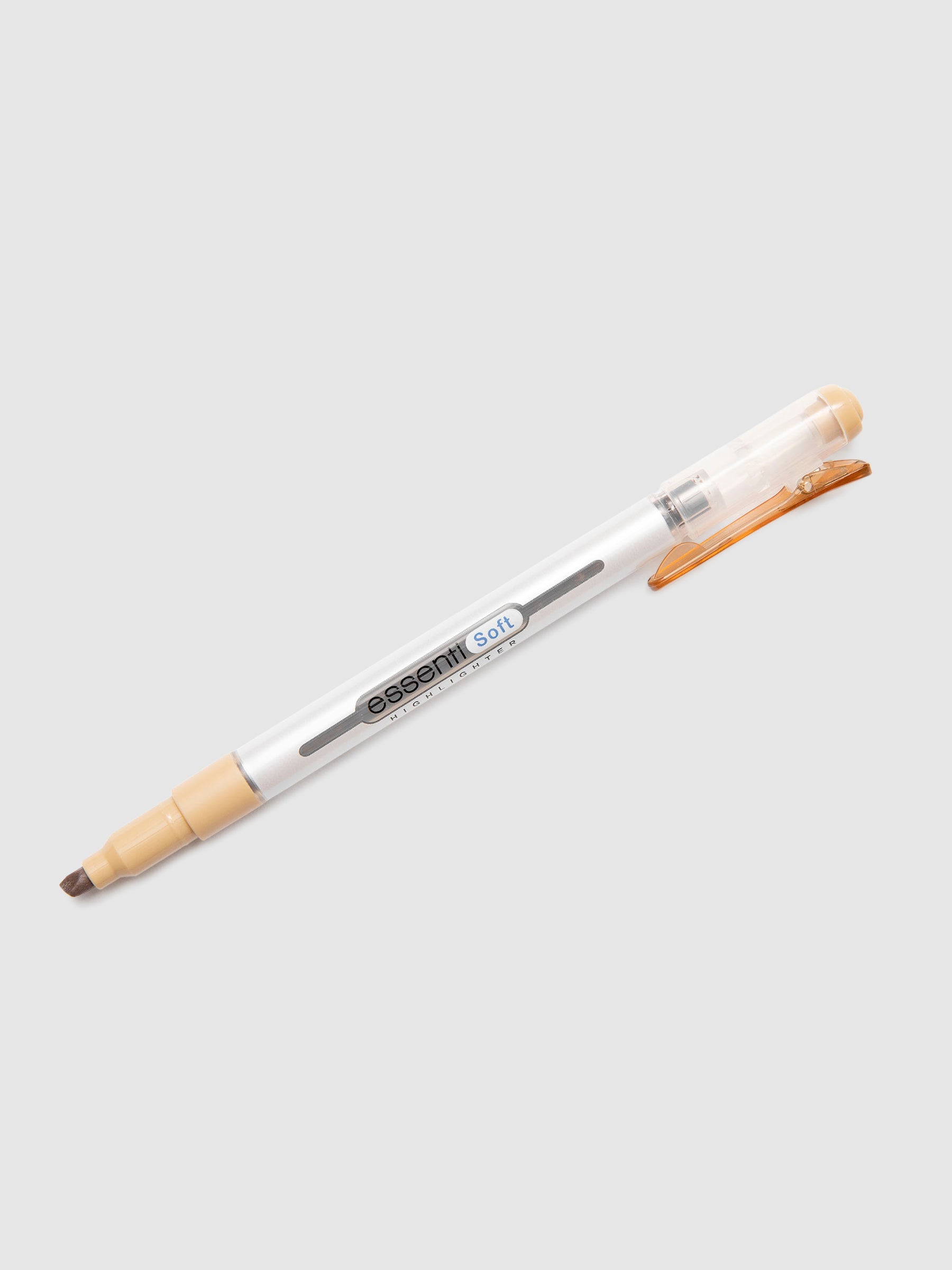 Monami Essenti Soft Highlighter, Pastel Brown, Cloth and Paper. Highlighter uncapped with cap posted on back turned to the right against a neutral background.