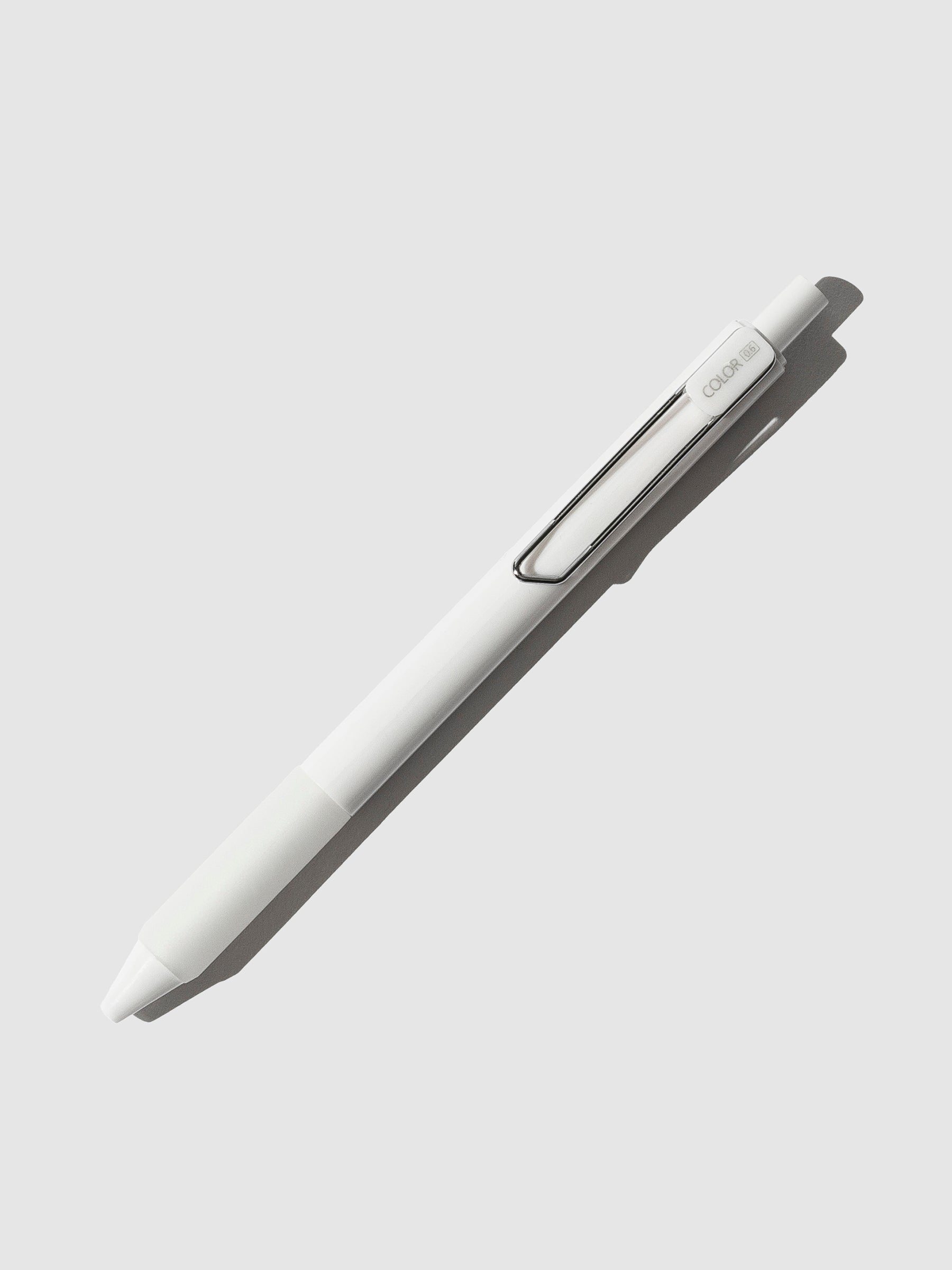 Mornshine Gel Pen, White, Cloth and Paper. Pen displayed on a neutral background.