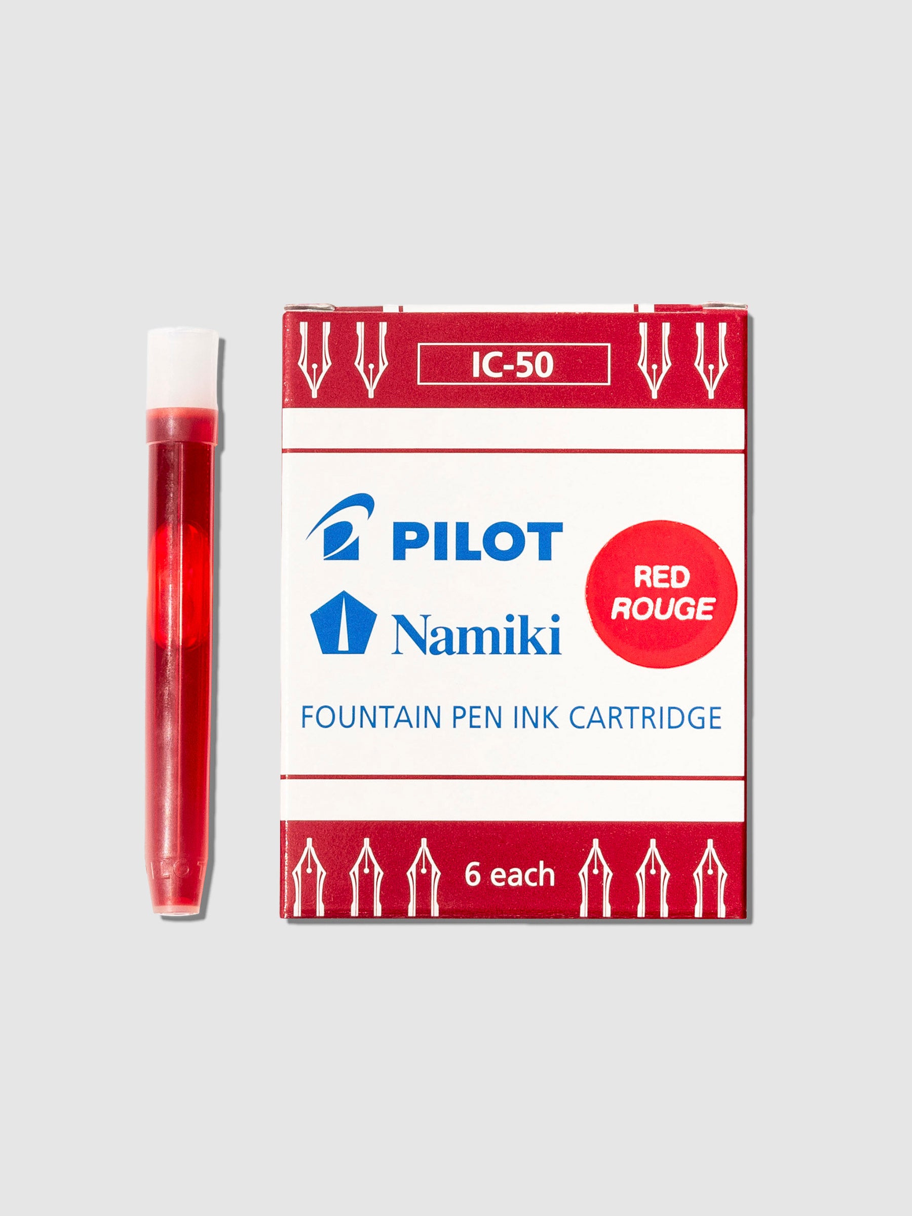 One ink cartridge displayed next to its packaging on a neutral background. Color shown is red. 