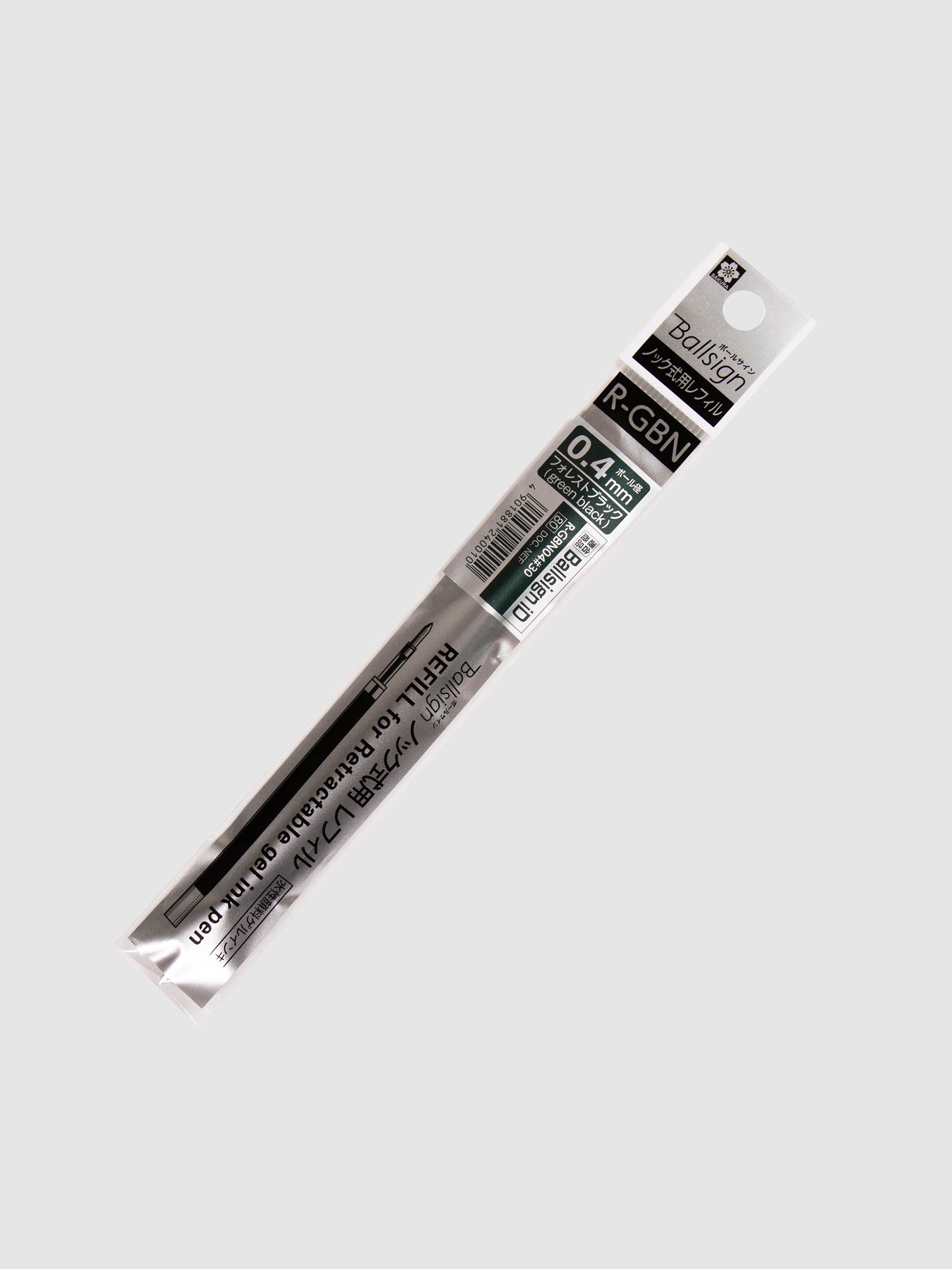 Sakura Ballsign iD Gel Ink Refill, 0.4 mm, Cloth and Paper. Green black ink refill in its packaging turned slightly to the right against a neutral background.