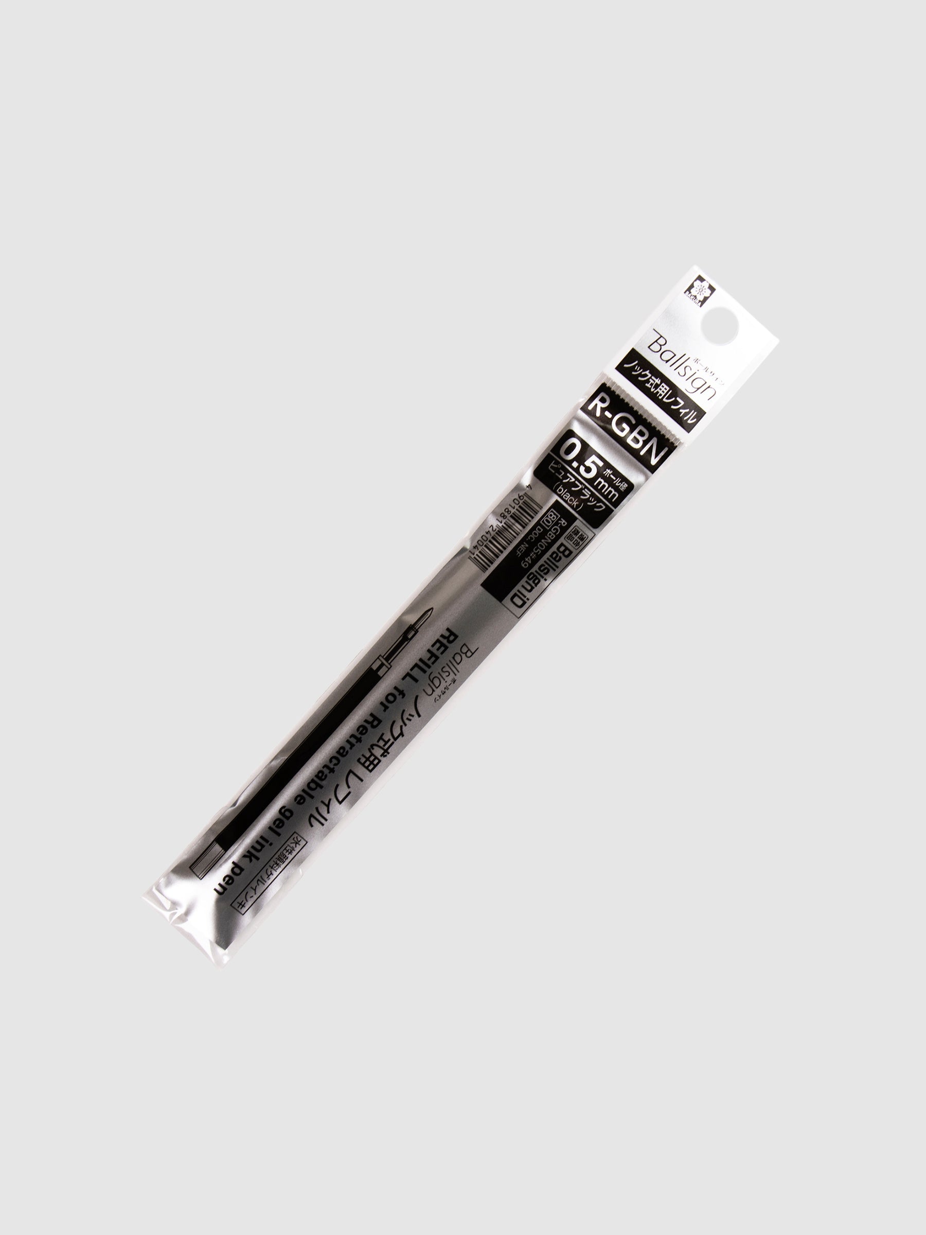 Sakura Ballsign iD Gel Ink Refill, 0.5 mm, Cloth and Paper. Black ink refill in its packaging turned slightly to the right against a neutral background.