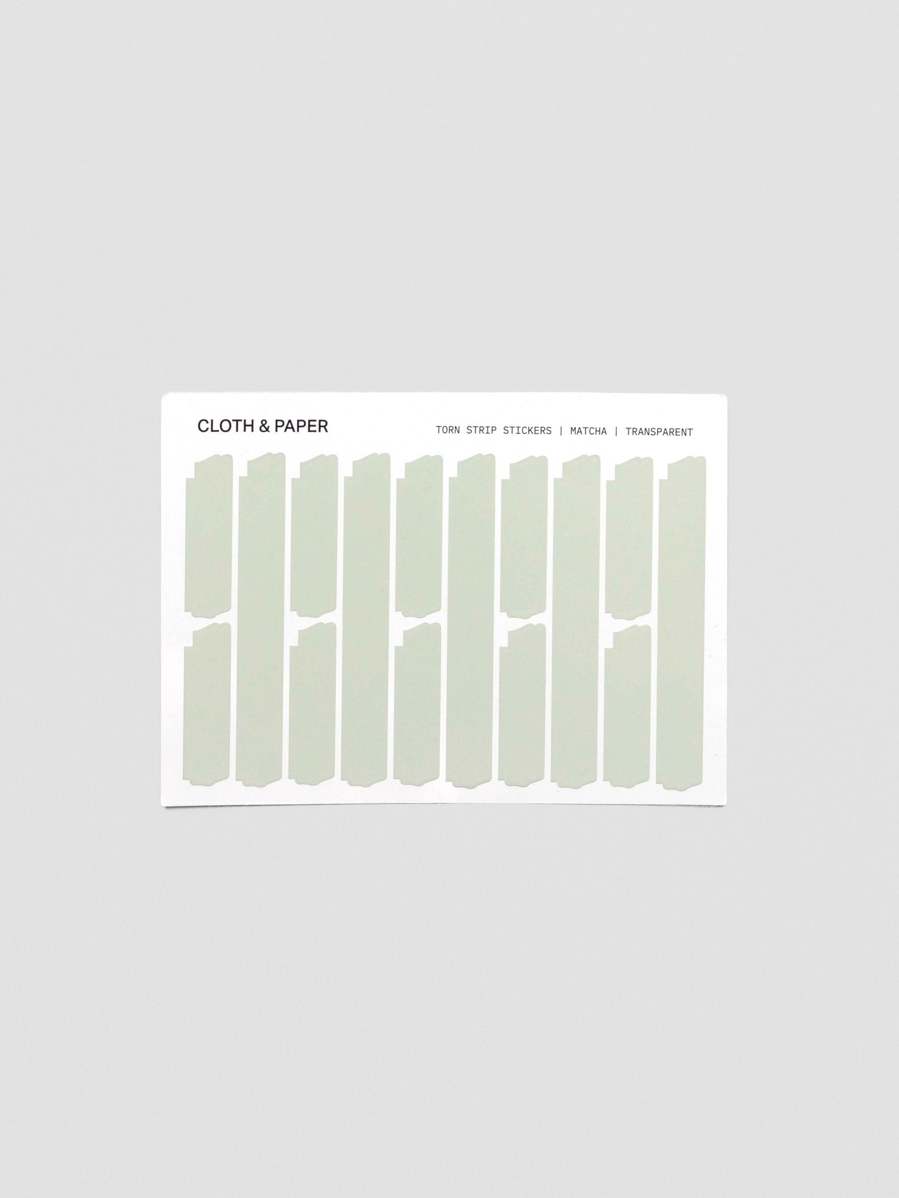 Sheet of Confidential Collection torn strip stickers in matcha green on white background.