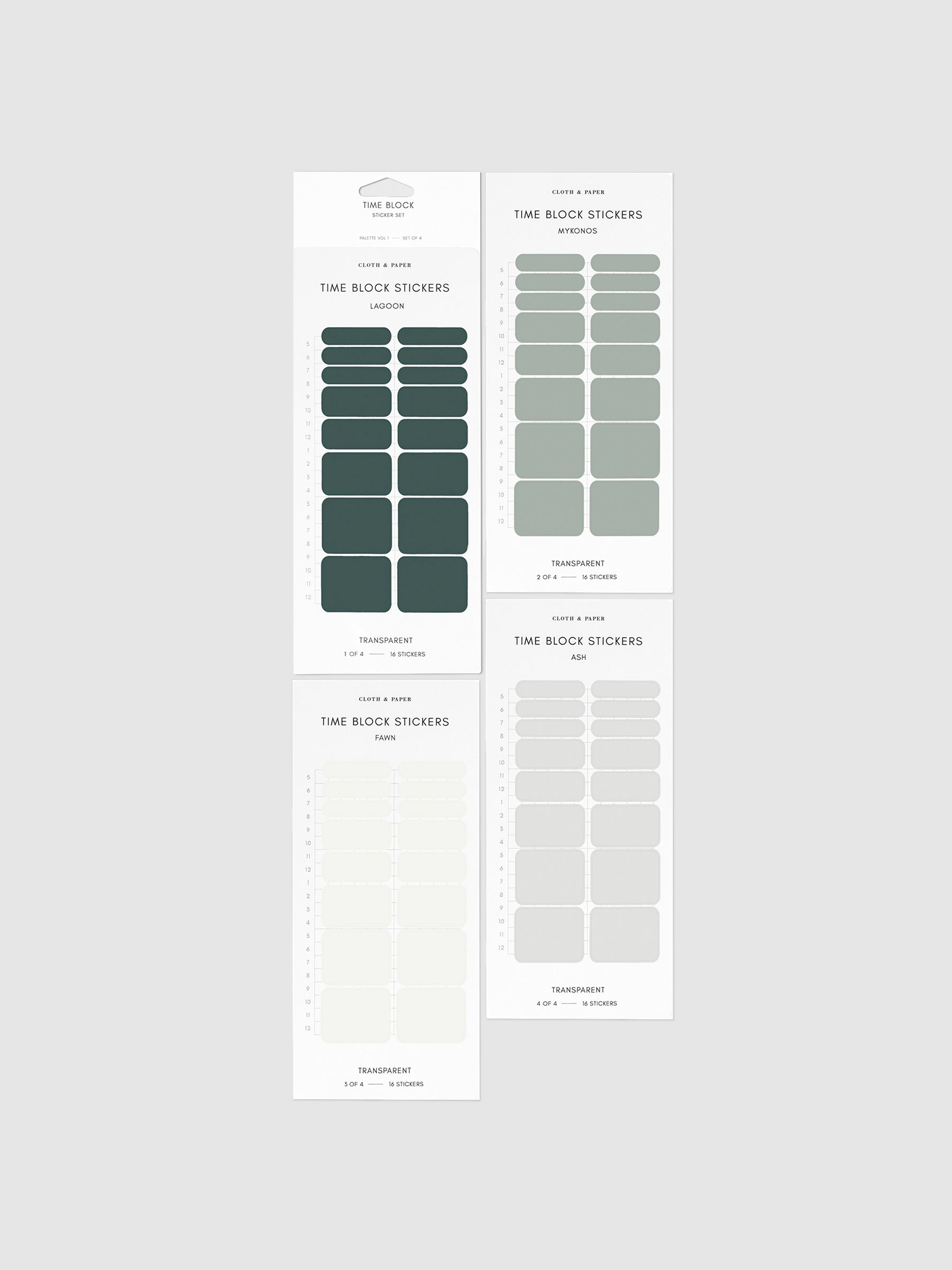 Time Block Sticker Set, Vol 1. Four colors of time block stickers - a dark green, light green, off white, and light grey - are arranged together on a neutral background.