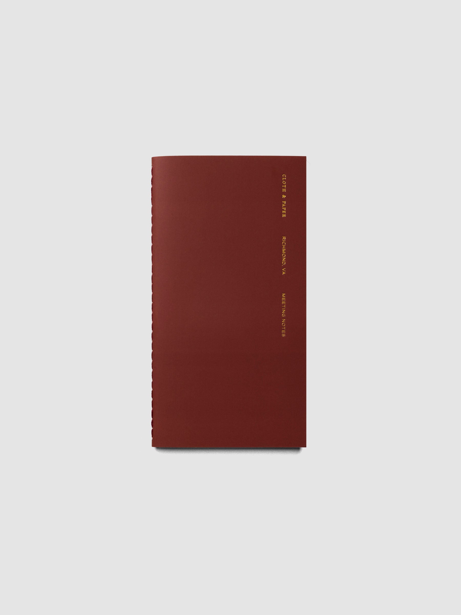 Overview image of the Meeting Notes Pocket Plus notebook from the Traveler's Notebook Collection. The cover has gold foil text that reads Cloth and Paper Richmond, VA Monthly Admin and is displayed on a neutral background