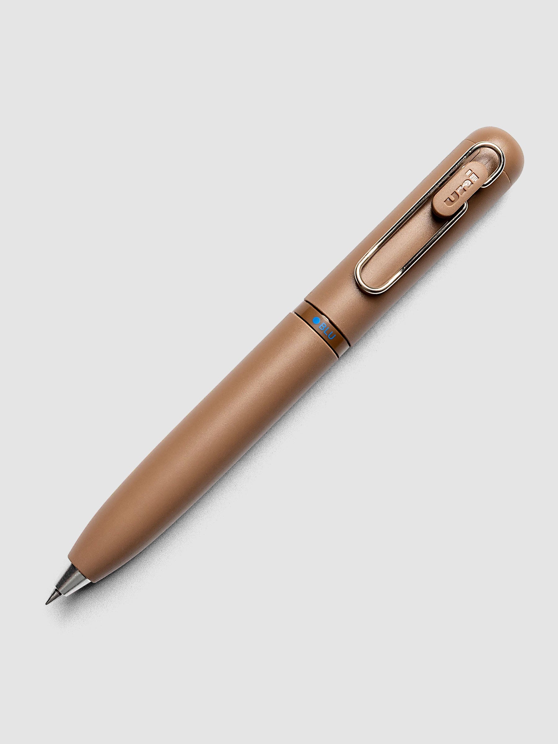 Uni-ball One 3-Color Ballpoint Pen in brown close up of barrel showing BLU color indicator