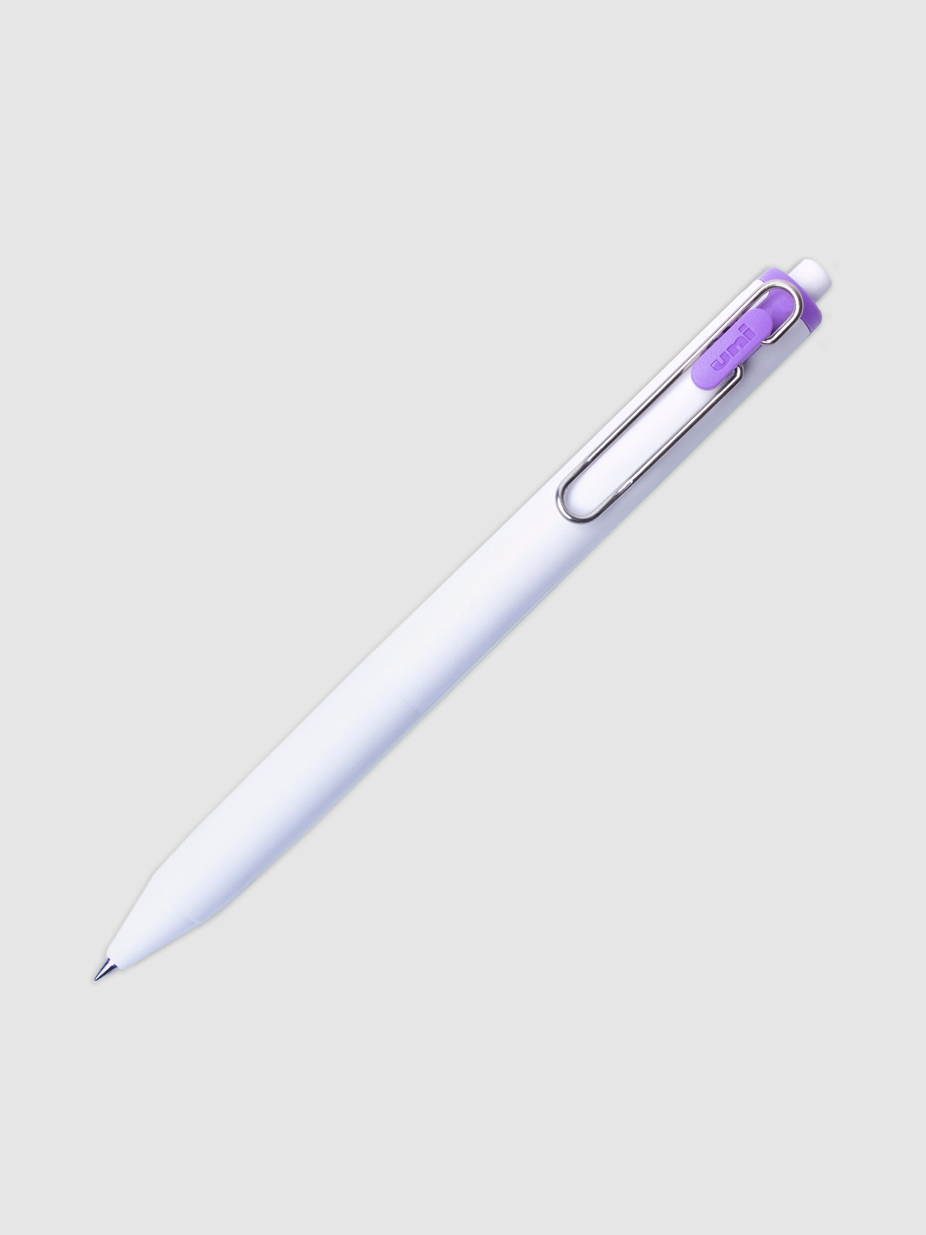Uni-ball One Gel Pen, Pansy, Cloth and Paper. Pen tilted slightly to the right on a neutral background.