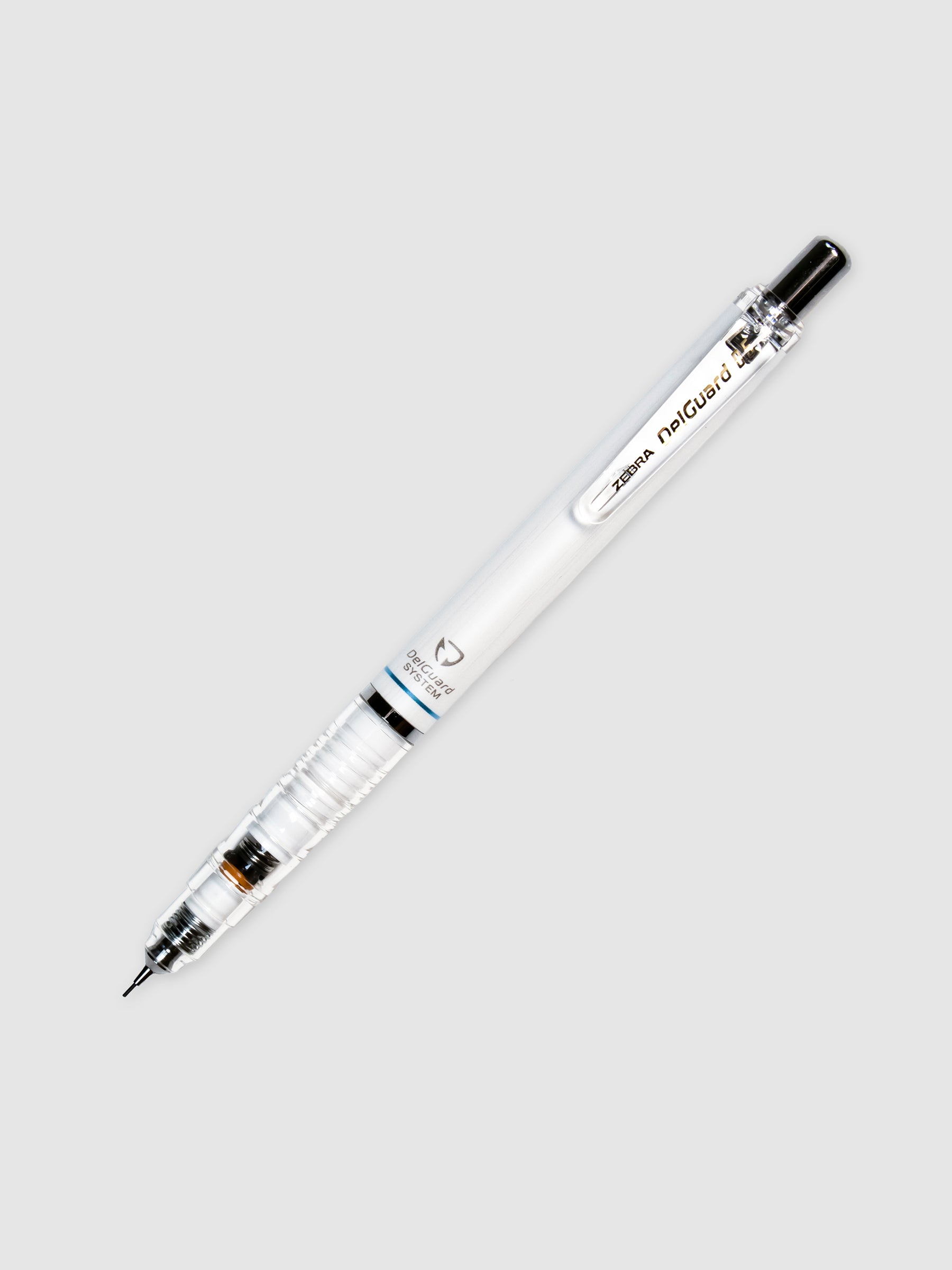 Zebra DelGuard Mechanical Pencil turned to the right against a neutral background.
