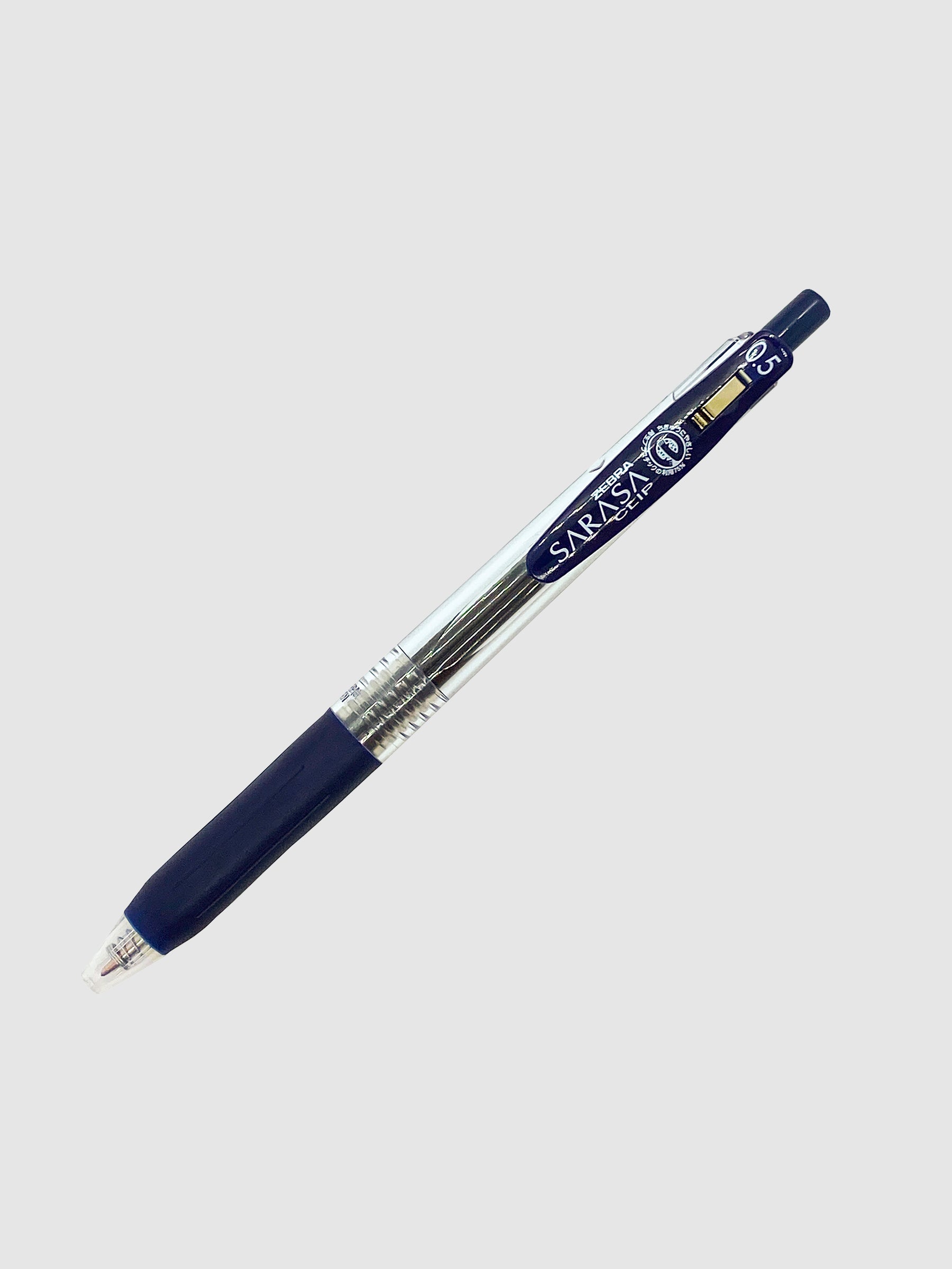 Zebra Sarasa Clip, 0.5 mm, Blue Black, Cloth and Paper. Pen turned to the right against a neutral background.