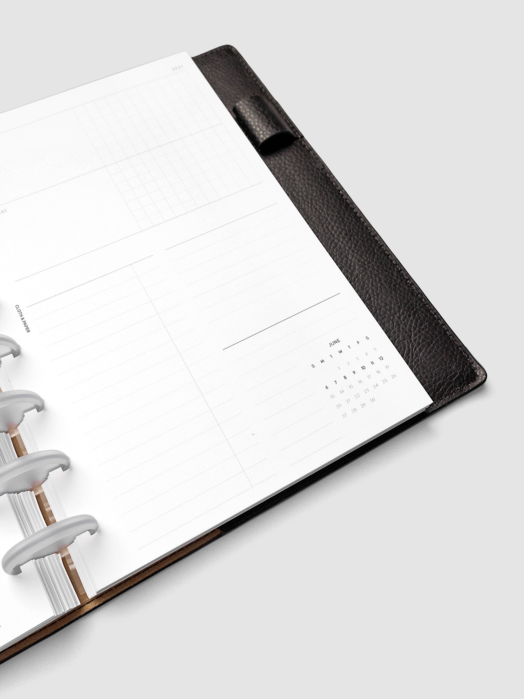 2027 Dated Weekly Horizontal Planner Inserts, Sunday Start, Half Letter 8-Disc Punch, close-up of the bottom of the right page showing the lower portions of the Friday and Saturday columns and the mini monthly calendar in the bottom right corner