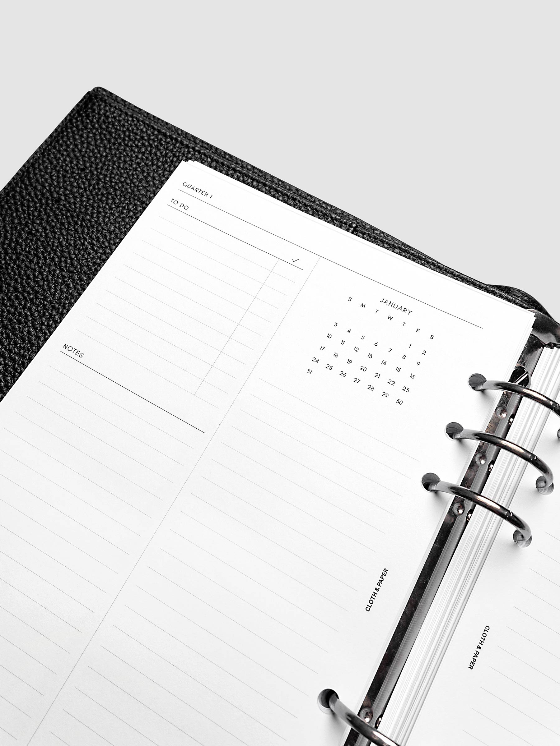 2027 Dated Yearly Overview Planner Inserts Sunday Start, A5 6-Ring Punch, close-up of the top of the left page showing goal-setting and to-do sections